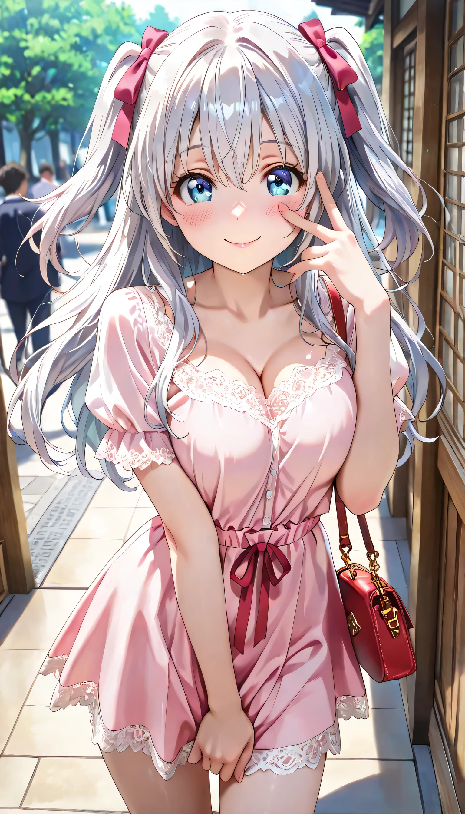 ((ultra-detailed)), (highly detailed CG illustration), (best quality:1.2), ultra-highly detailed, colorful composition, artistic photoshoot, 1girl, solo focus, upper body, moe anime character, girl, dainty structure, face, round face, rounded chin:1.2, short stature, blue eyes, silver hair:1.3,long hair, two side up, ample breasts, blue eyes:1.3, sagging eyes:1.3, hair ribbon with black, pink lips, ample breasts, A cute, feminine summer outfit: a pastel pink lace short-sleeve blouse with delicate details, paired with a high-waisted white flare skirt. Accessorized with a beaded heart-charm handbag, gold dainty jewelry, and strappy flat sandals, v over eye:1.3, from front, dynamic pose, contrapposto pose, standing in the Japanese-style streetscape, best quality, masterpiece, expecting, pink cheek, blush, pink lips:1.2, portrait, depth of field, soft lighting, sidelighting, shine, lighting, caustics, ray tracing, smile, perfect face, lustrous skin, highly detailed face, highly detailed eyes, perfect face, perfect nose, perfect hair, perfect eyes, perfect anatomy, beautiful hair, beautiful small face, extremely detailed face, beautiful detailed eyes, beautiful clavicle, beautiful body, beautiful ample breasts, leavage, breasts squeezed together, equalize the size of the left and right breasts, beautiful thin thighs, beautiful legs, beautiful fingers, (4 fingers), 1 thumb, lovely, (very detailed background:1.0), (highly detailed background:1.0), spring aesthetic, intricate details, joyful atmosphere, spring colors palette, chromatic aberration