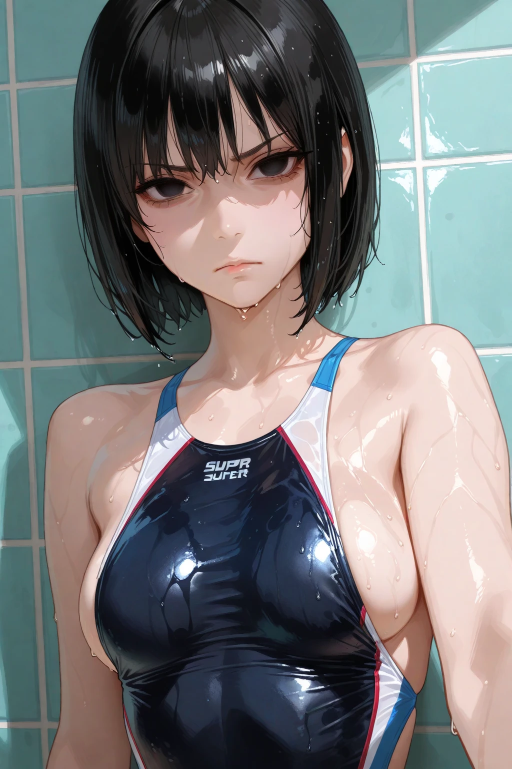 pubic hair, small breasts, topless, pussy, camel toe, underwear, bra, black hair, open legs:1.5, opening legs, ecstasy, orgasm face, smile, muscular, masturbating, see-through nipples, having sex, full body, hard nipple, tanned, slender body, high-beams, overflowing sperm, wet skin, wet hair, accurate body, tongue out, drooling, navy blue competitive swimsuit, see-through underwear, sitting on bed, masterpiece, best quality, ultra detailed, extremely detailed, beautiful detailed glow, ultra high res, very high res, beautiful, distinct, best aesthetic, 4k, 8k