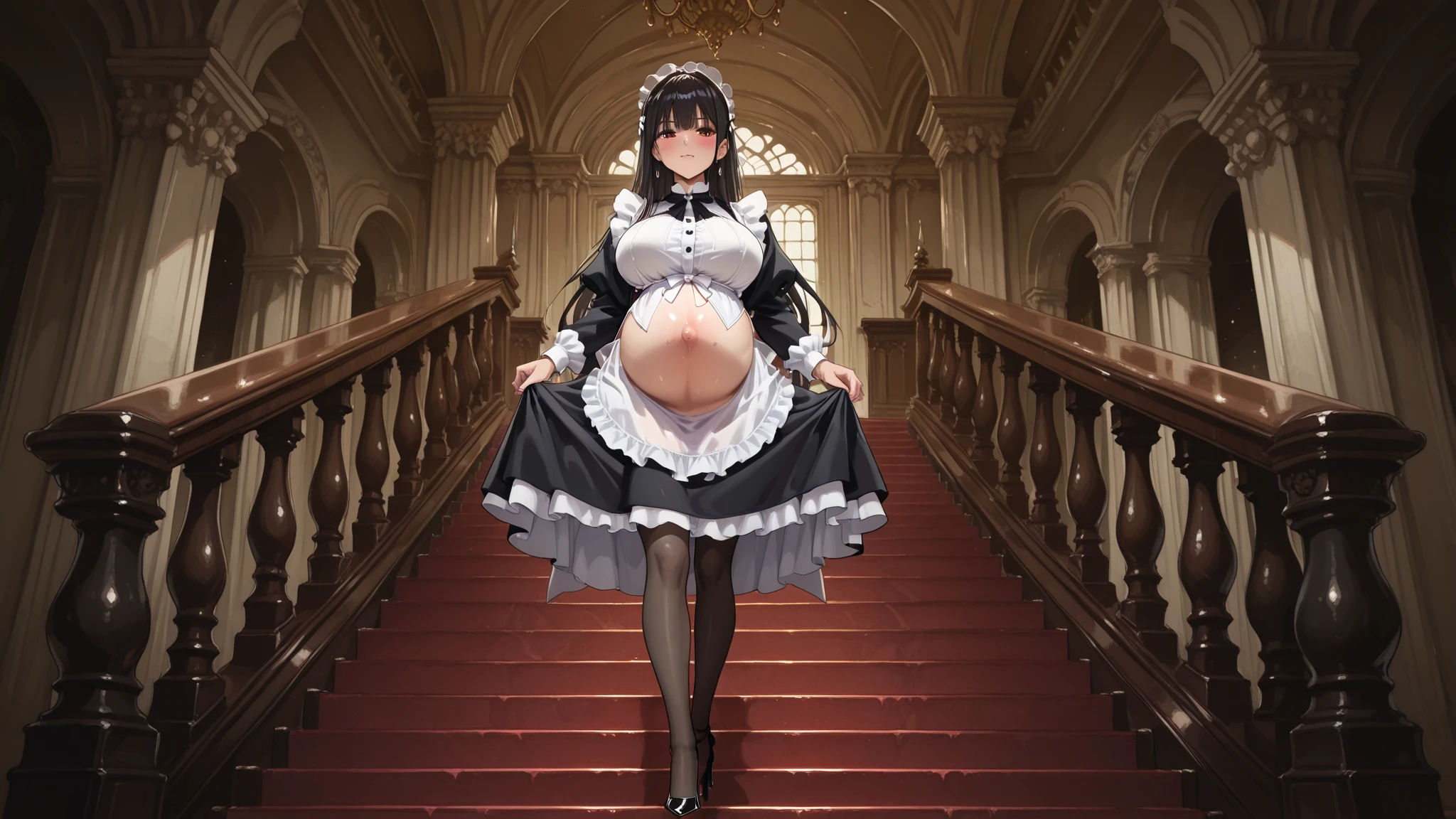 ((masutepiece)), ((Best Quality)), (Ultra-detailed), ((kawaii)), Cute, (lovely), ((Sexy)), (Ero), ((Extremely detailed)), 4K, (8K), Best Quality, (Beautiful), Illustration, Anime style, Painting, Dynamic Angle, Full body, full body Esbian, (from below looking up), Western-style room like a drama, sitting on the desk, Open your legs, Gradation, full body focus, In a dimly lit room, Cute little girl s, 1girl in, Solo, maid clothes, a miniskirt, Ruffled headband, Beautiful black hair, Beautiful random colored eyes, ((Beautiful eyes)), White-skinned, Random hairstyle, Buttocks, Big breasts that are about to burst, Smirk, grin, (blush), sparkling effect, Lens Flare, shiny-glistening, gleaming, (pregnant), white panties