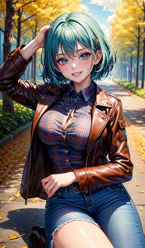 1girl, solo, full body, summer, village, trees, sun, clouds, ((colorful hair)), ponytail, large full breasts, ((brown leather jacket)), brown leather shorts, ((blue bra)), nipples, topless, blue eyes, skirt, smile, looking at the viewer, standing, hair ribbon, golden necklate