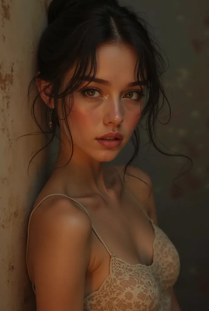 (((ultra realistic))) Photo, masterpiece, top quality, (pale skin), (Ultra detailed face and eyes:1.3), 1 girl, Adult, in a T-shirt, (Eye makeup, mascara) , ((large detailed lips)), ((ash wavy hair)), ((Chyolka)) , (Natural breasts), Slim waist. ((Posing)), photoshoot, studio (soft lighting), (The play of light and shadows), depth of field, bokeh, (special attention to skin detail: 1.2), Detailed leather texture, skin pores. (Airy atmosphere of the frame. Color range - delicate, Bright, white, Pink tones), UDR, ((Film grain)), ((rays)), ((glare of the sun)), ((waist up portrait, close to the camera)) , ultra detialed, 