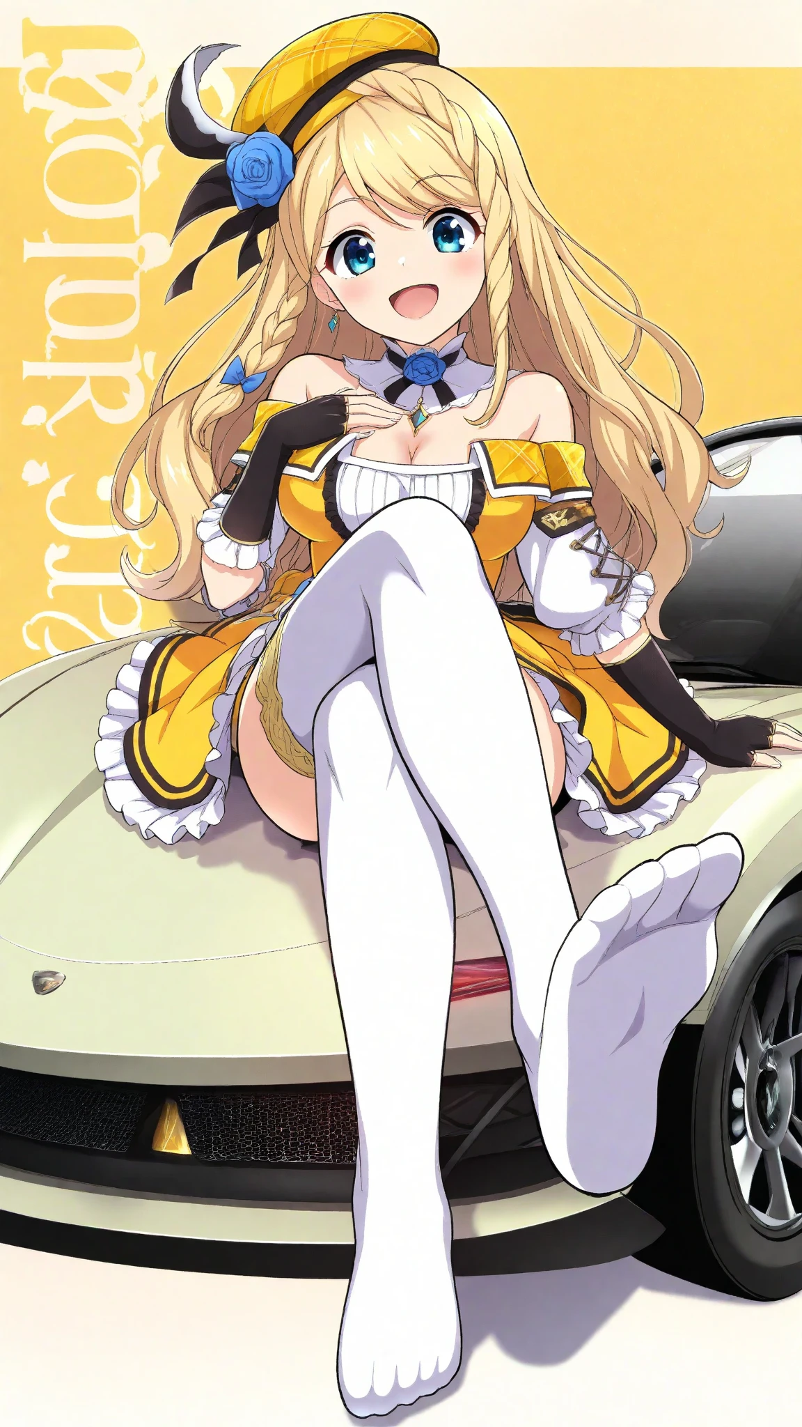 ((masterpiece,best_quality)),1girl, beautiful eyes,beautiful detailed glow,detailed, car, flag, smile,upper body, bare shoulders, see-through,(facing viewer),((kirisame_marisa,witch hat,blonde hair,braid, long hair,)),thigh boots,elbow_gloves,race_queen,  <lora:racingmiku2011-000007:0.9>,white legwear,(showgirl_skirt),