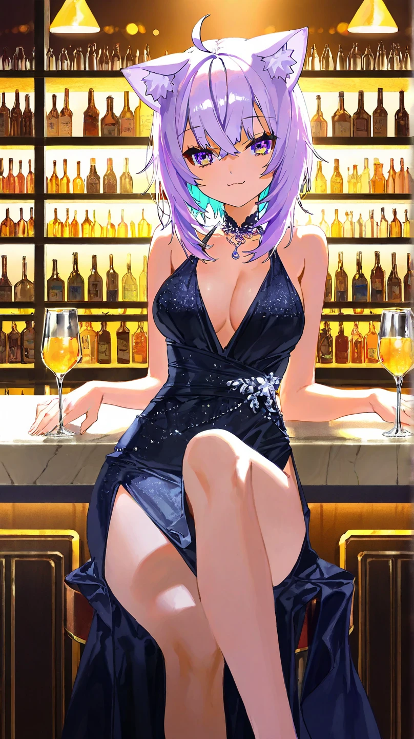 (1girl, translucent hair very short hair nihongami, rainbow eyes, <lora:eye-nolight_02:1>, annoyed) (digital) (sitting on barstool in detailed bar, (evening gown, plunging neckline)) , best quality, <lora:boldline:0.2> <lora:hairdetailer:0.2> stlouis, <lora:stlouis:0.8>