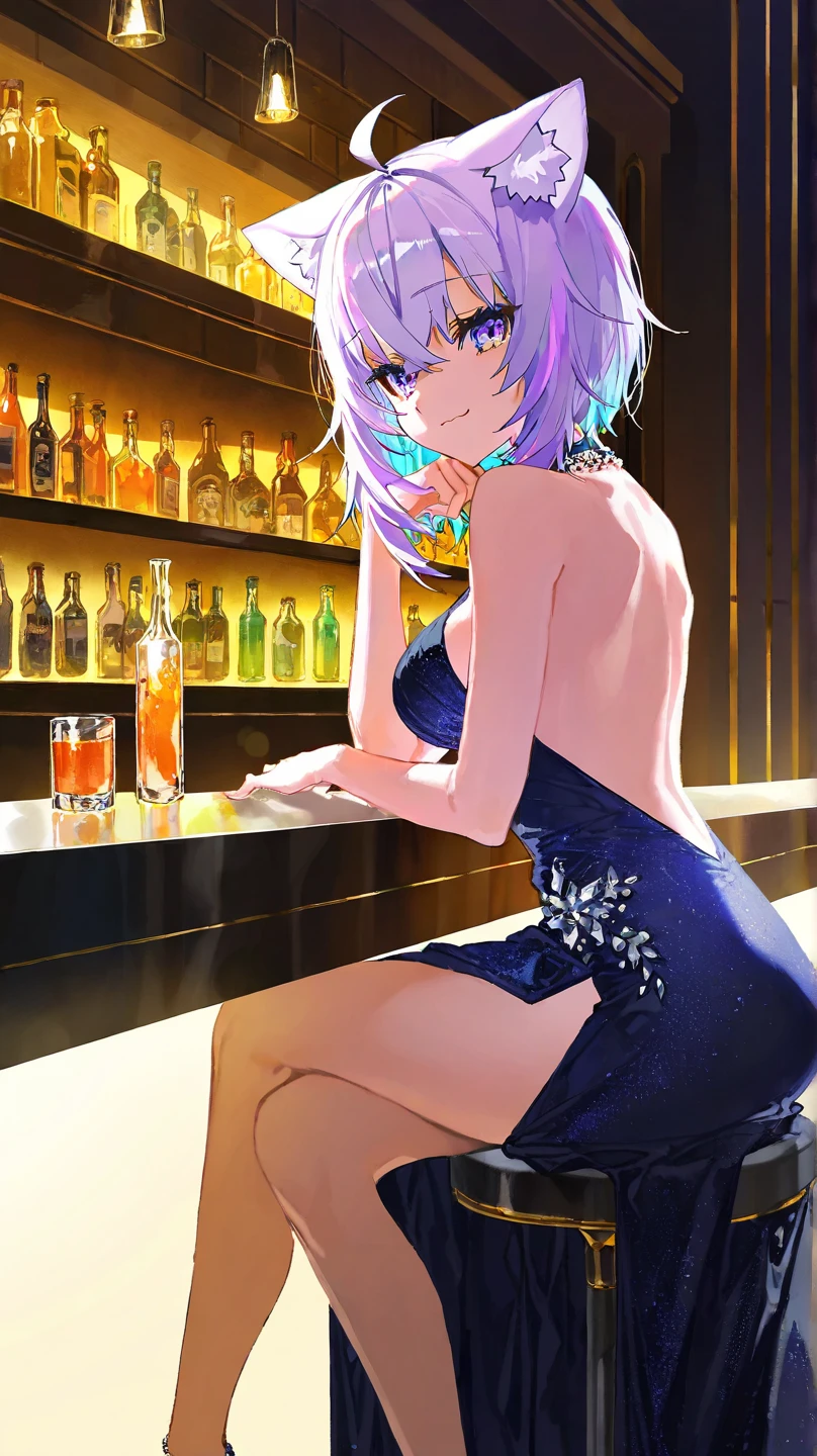 (masterpiece, 最high quality, high quality, High resolution, super detailed),  サイbarスタイレbarガール, 1 girl,  alone, short hair, at the nightclub ,bar, bare shoulders,  break, rainbow hair,long hair