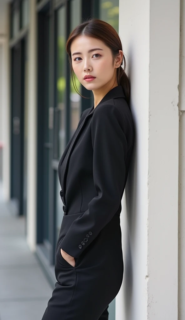 (Highest quality, Very detailed, masterpiece:1.2), 1 female, Very thin body, length, Thin legs, ((Black wavy short hair:1.2)), ((Thick and fluffy bangs)), Very detailedな顔,A faint smile, small, Thin Nose, small thin mouth, Extremely sharply focused eyes, Japanese, Beautiful Face, Realistic eyes, Beautiful and beautiful eyes, Realistic Skin, Beautiful Skin, charm, (Lively Faces), Beautiful Hairstyles,((skirt suit)), Gothic design, Creepy and unique hairstyles, High resolution, Vibrant color palette,Business district, (Turn around、arching the back、Panty shot,Shot from below)
