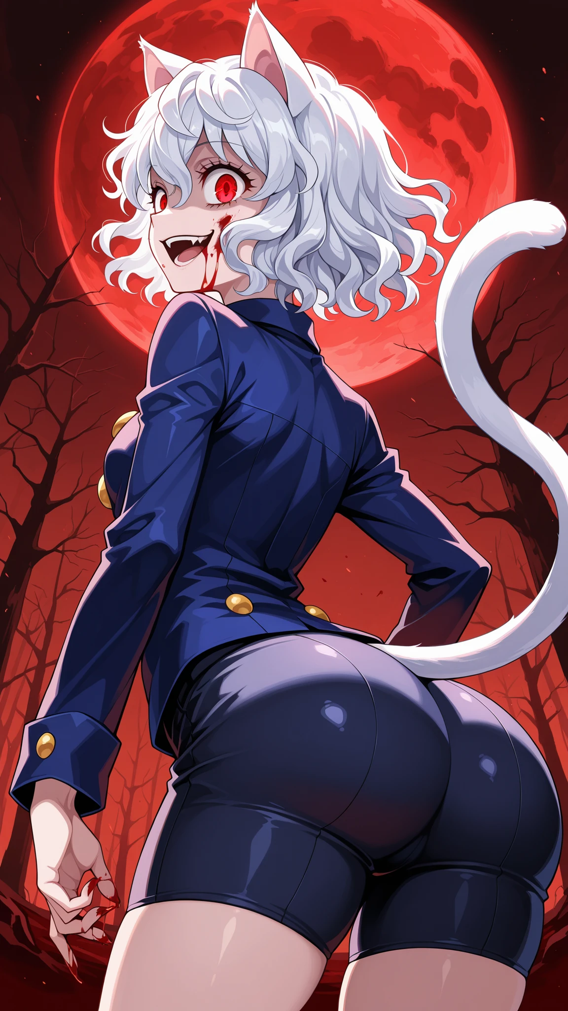 BREAK (masterpiece:1.2), best quality, high resolution, unity 8k wallpaper, (illustration:0.8), (beautiful detailed eyes:1.6),Ancient twisted forest bathed in crimson moonlight, towering black oaks with branches, blood-red moon in the sky, casting long shadows that twitch independently, mist rising from the ground like spectral breath, 4K ultra-detailed, cinematic horror atmosphere neferpitou, short hair, red eyes, animal ears, tail, white hair, cat ears, cat tail, curly hair,long sleeves, shorts,blood on face,crazy smile,from behind,arched back,from below,looking back at viewer.