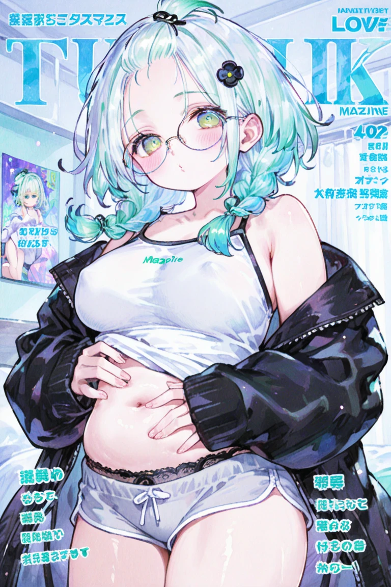 LightBlue Eyes,Summer shirt, highest quality,((Blonde girl)),(braid hair:1.1),red cheek),Glasses,close-up Face,(pink bed room:1.2),(Magazine cover:1.1),((🔞:1.2)), (lie on your back:1.15)