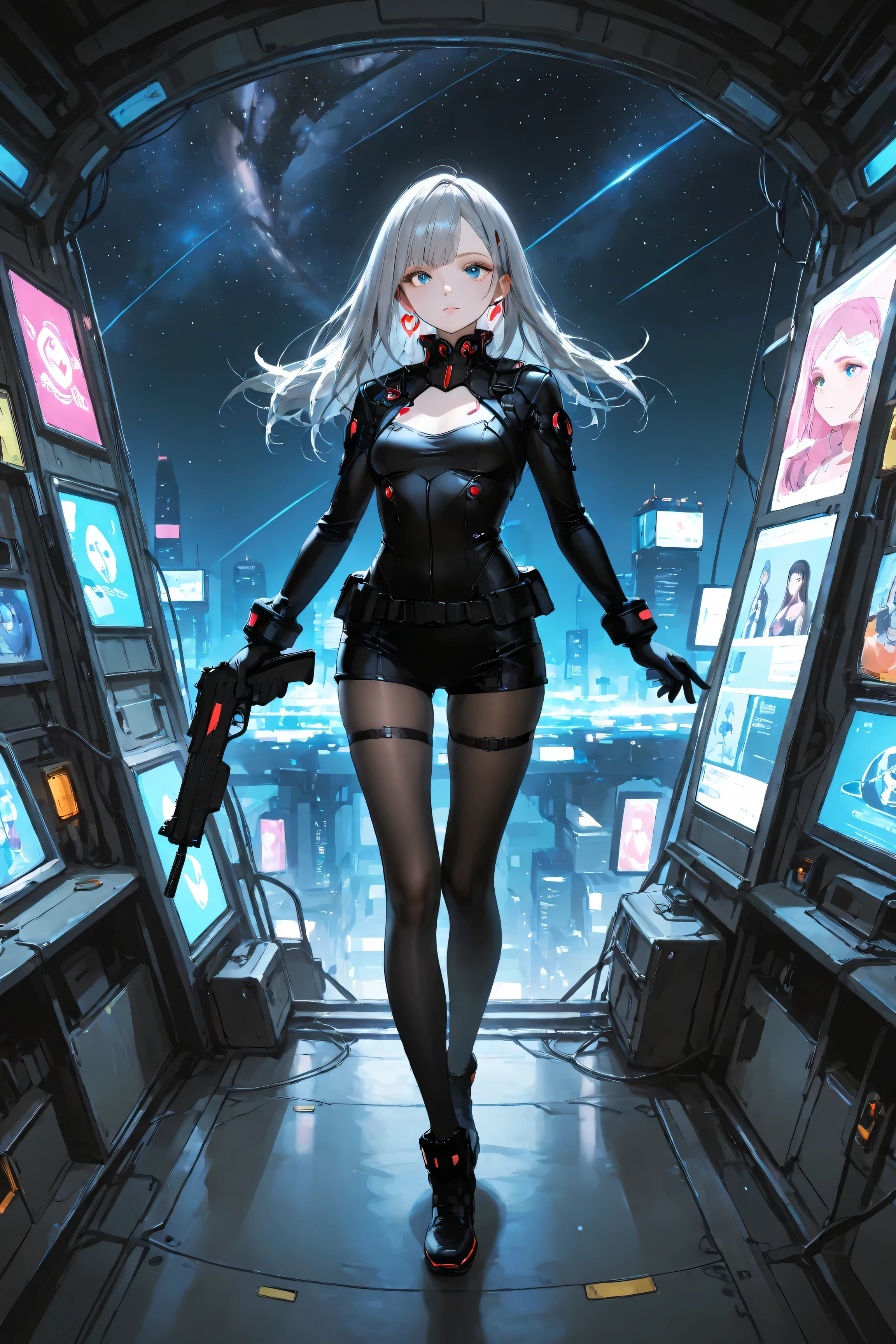 Famous Paintings, High Definition, high resolution, 16K, Makoto Shinkai's illustrations, Details, hyperrealistic, Digital Painting, cyberpunk, SF, one petite girl、Full Body、 small breasts、beautiful face、long eyelashes、fair skin、blue eyes、stars in my eyes、thin legs、gray hair、black tights、slender eyes、gun、big eyes、near future、SF、anxious face