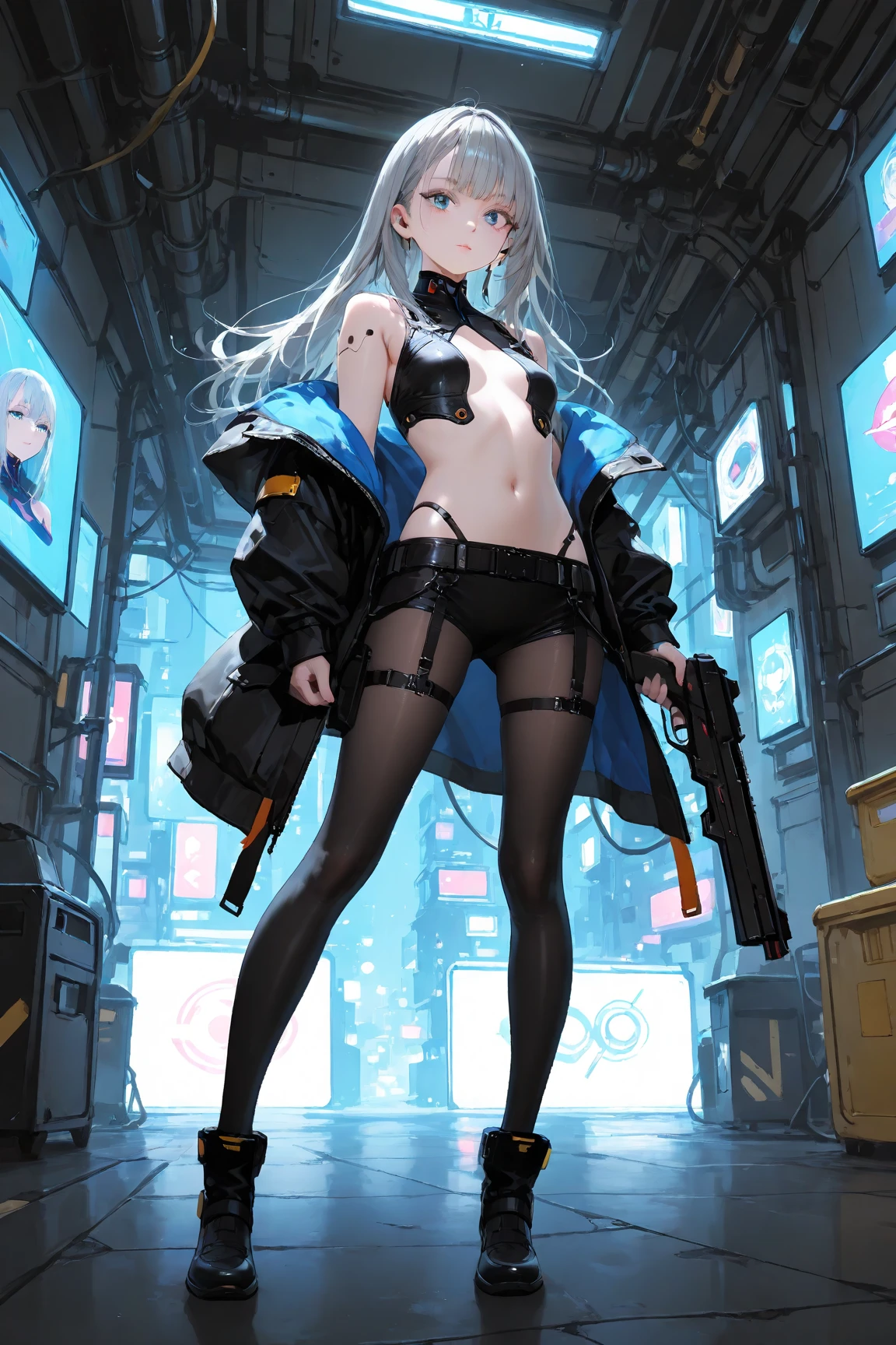 (Topless), ((Masterpiece)), ((Best Quality)),Ultra High Resolution, Caustics, Detailed, Beautiful Detailed Eyes, solo, (cyberpunk, post apocalyptic, ruins, night, neon lights, city), full body,18 year old beauty、(separate, ,shiny black pants, belt, waist pouch, holding a gun, navel, slender body, ideal ratio body proportions,oily skin, gleaming skin,sweat,medium breasts,icy blue eyes, (side ponytail)、medium hair, white hair,painful expression、standing, nipples, breasts, facemask, bare shoulders, bare breasts, straight bangs, choker