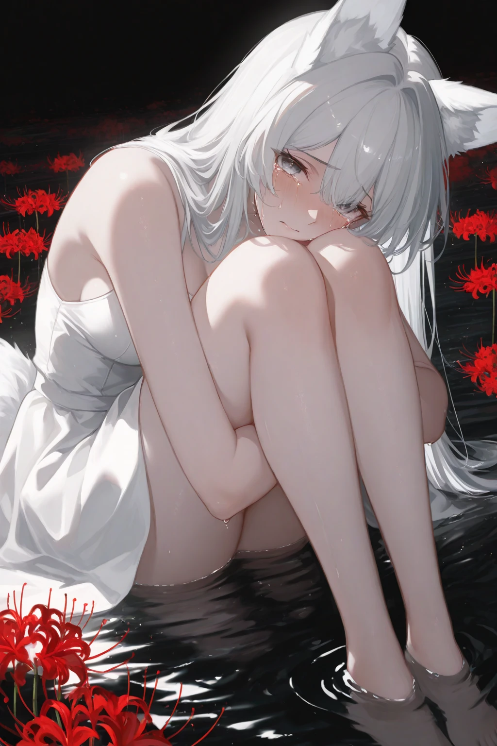 girl,Rabbit ears,rabbit tail,red eyes,white hair,garden,spread legs,arms folded,Completely naked,defenseless