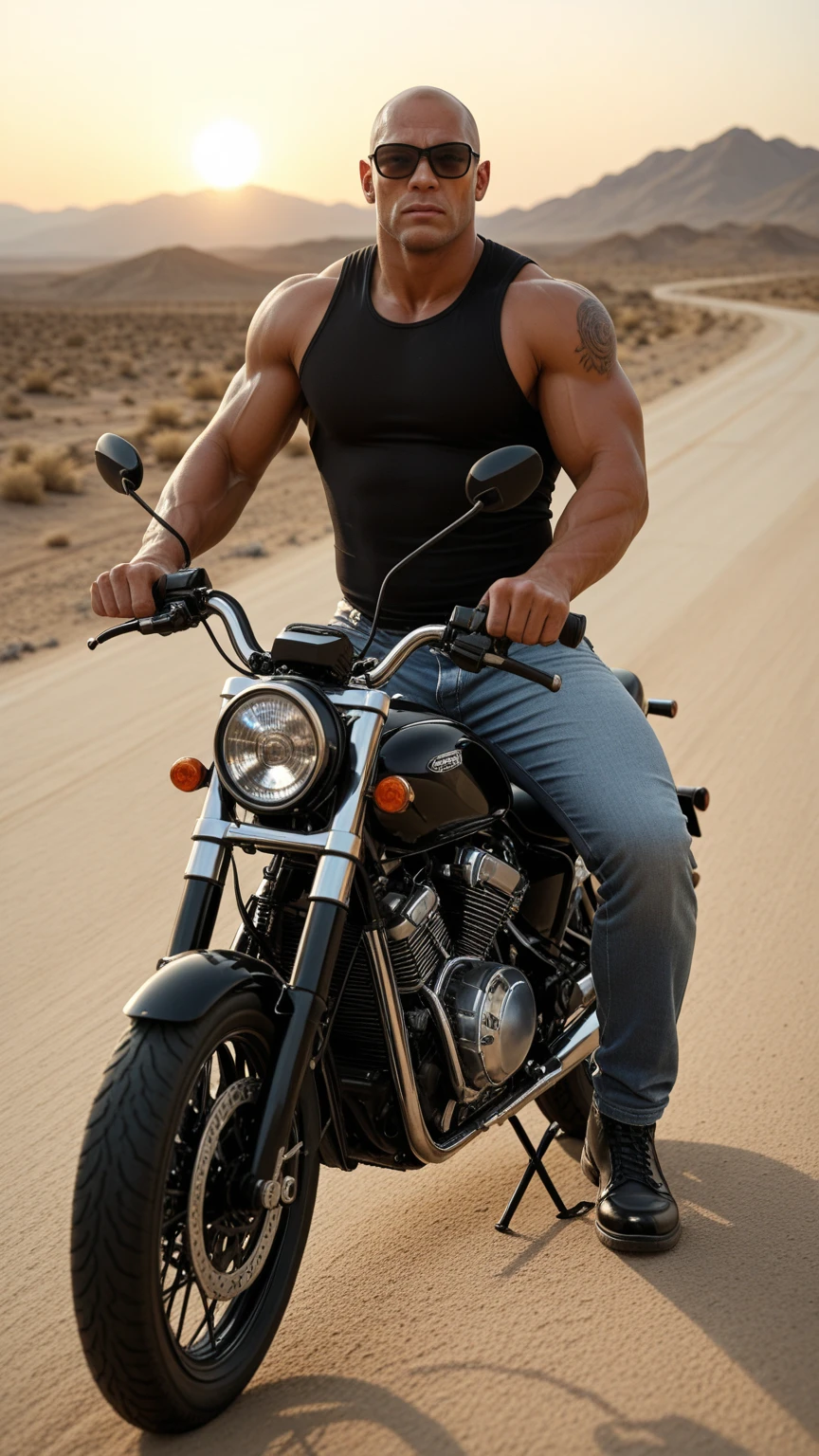 A thin young man without a shirt sitting on a motorcycle wearing jeans and military boots 
