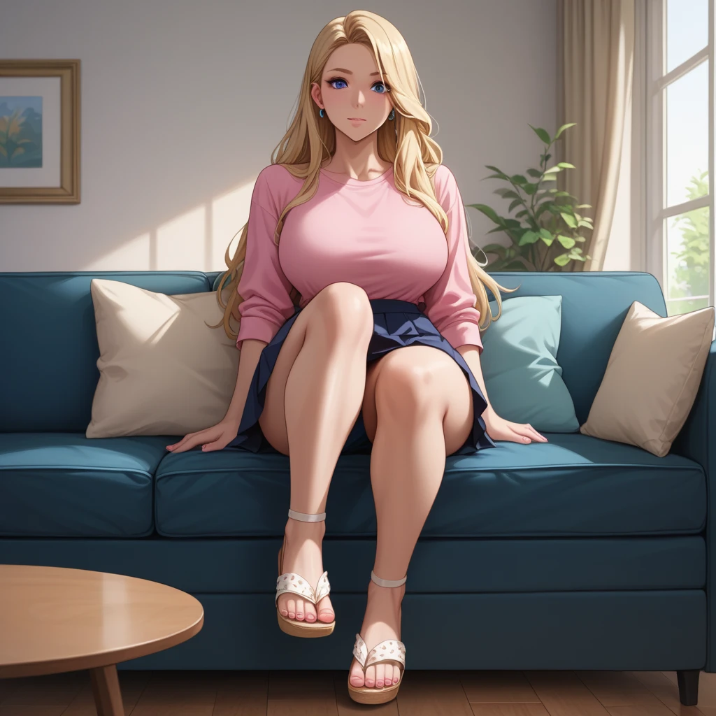 araffe sitting on a chair with her legs crossed, 30 years old woman, 3 0 years old woman, she is about 2 5 years old, she is about 2 0 years old, she is about 20 years old, she is about 30 years old, she is about 3 0 years old, 18 years old, attractive girl, yellow hair, five finger in hand, five finger in foot, nail polish red in finger hand, nail polish red in finger foot