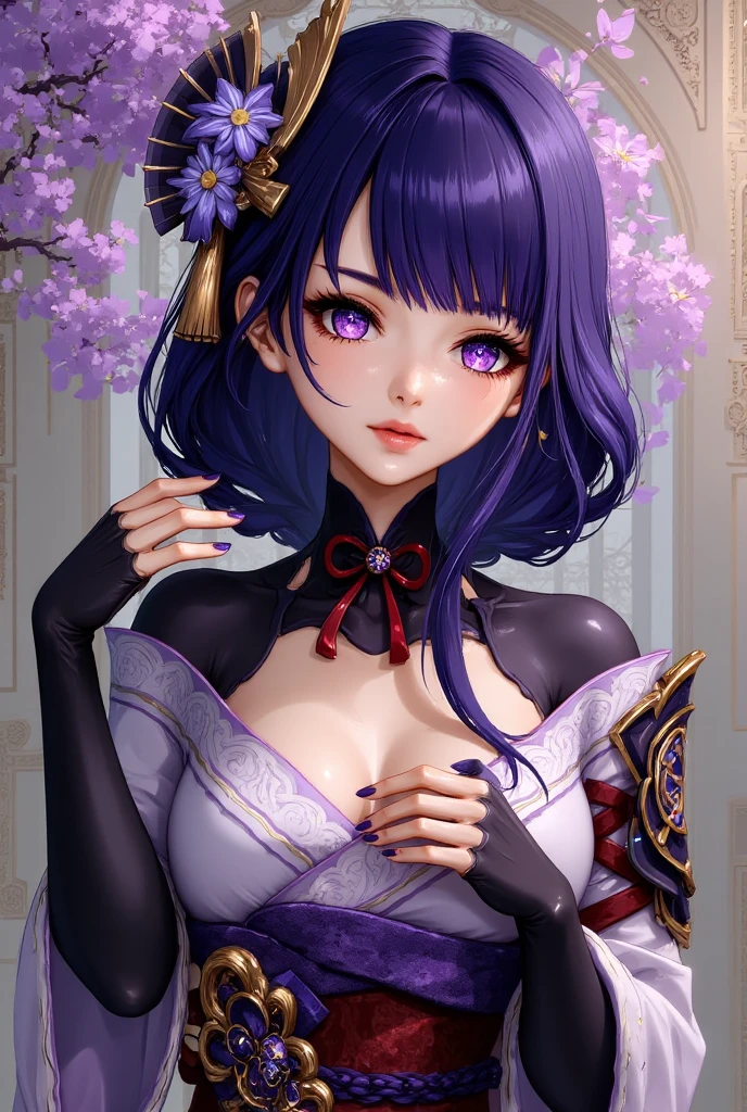 score_9, score_8_up, score_7_up, score_6_up, source_anime, MKY, 1girl, raiden shogun, hair ornament, solo, mole under eye, breasts, purple eyes, flower, purple hair, hand fan, hair flower, jewelry, mole, long hair, earrings, holding, looking at viewer, purple nails, upper body, cleavage, bangs, holding fan, large breasts, petals, nail polish, butterfly, purple flower, folding fan, blurry, necklace, braid, covering mouth, dress, blurry background, falling petals, blush, blunt bangs, alternate costume, black dress, trees, outdoors, wind, light particles,