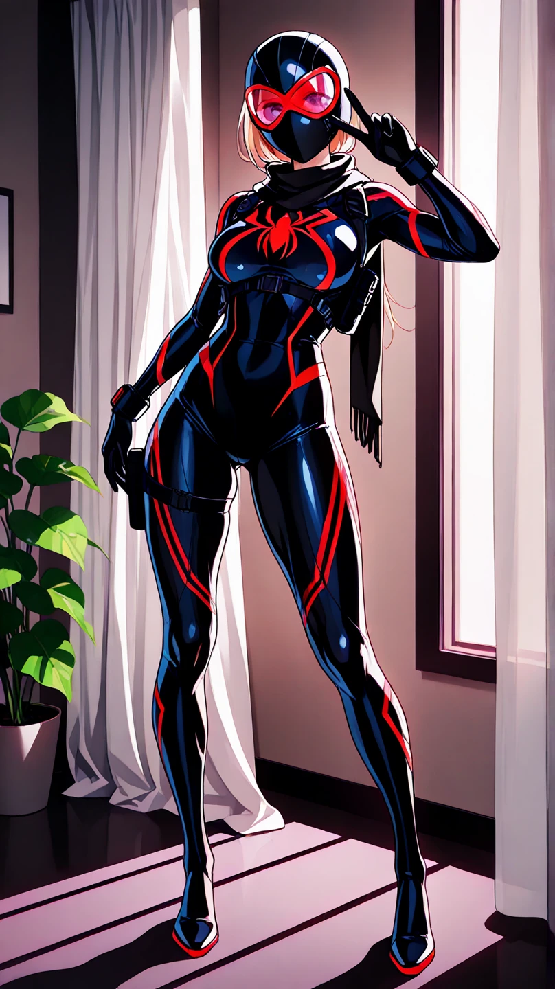 Maximum resolution, Unreal Engine 5, anime style, Mega Man-x style, Full body image of a woman doing hybrid cosplay of Mega Man-x/spider-man/Batman/, uniform updated to a futuristic version, she has short blue hair, is looking at the viewer in front of a window in a brothel room, smiling, at night with full moon appearing outside the window.