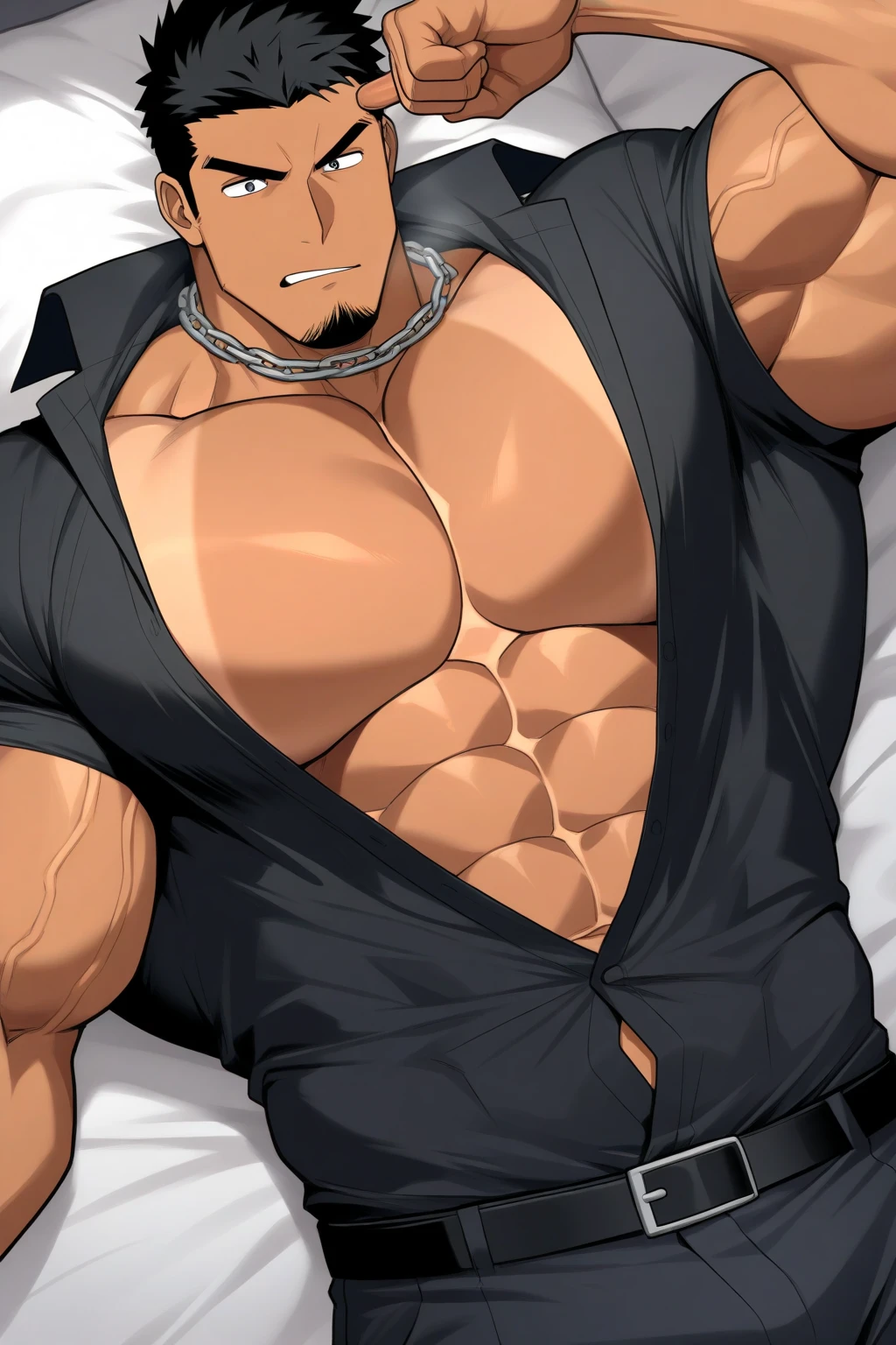 masterpiece, best quality, face, natural eyes, 1man, european, big feet, black socks, (no shoes), full body, naked, large bulge, long legs, looking at viewer, 30 years old, muscled and mature, short haircut, a gang bouy with huge tatto covering his chest and arms, side face, blue eyes, flush, organism, face covered with white fluids, sweating, tight cloth, erecting, open chest, shirtless, topless, sexy, face without mask