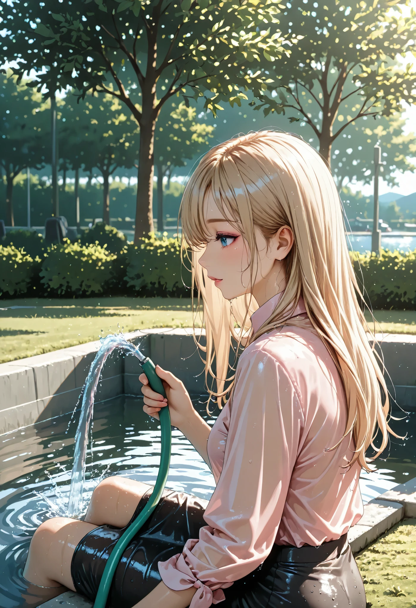 POV , side view,long hair ,blonde Hair, office lady, pink shirt, clear makeup, sprinkle water with a hose, in the park, (soaking wet),(sunny),summer