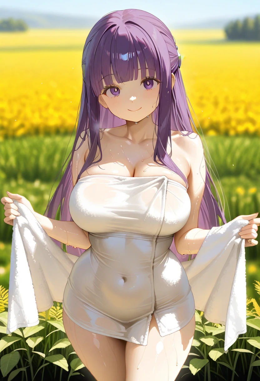 1 woman, long wavy raven hair, pale complexion, blue eyes, curvy figure, big breasts, blushing, sitting on the ground, surrounded by light blue and violet flowers, wearing a white sheer slim gown, looking at the viewer, wind blowing her hair, POV, dramatic lighting, flower petals 