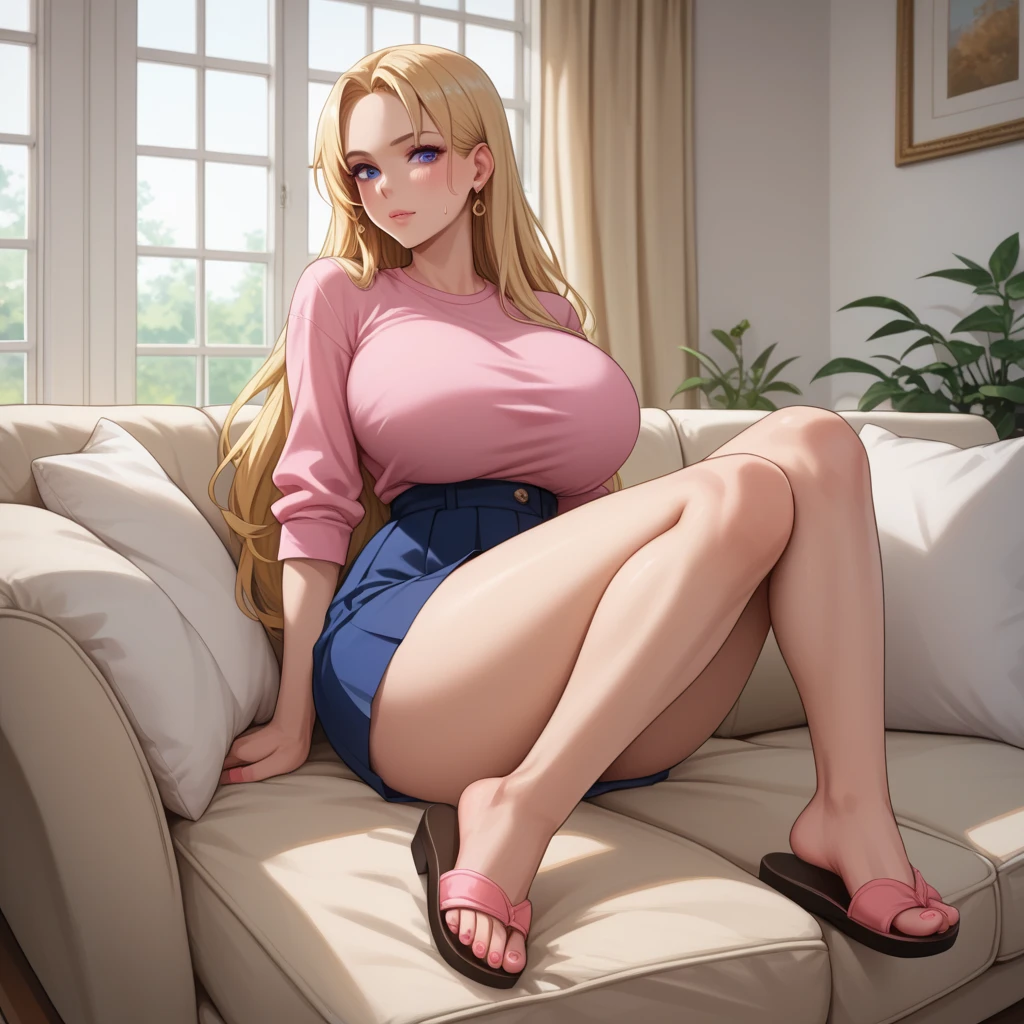 (Blonde stunning hair), (blue eyes), blue necklace, Golden earrings, Fit, Gorgeous Body, gorgeous, brown eyebrows, (two moles over lip), big pupils, (23 years old), 1girl,solo, complex skin, warm light, (large breasts), wide thighs, round butt, 5 fingers, ((blushing)), ((detailed face, best quality)), ((masterpiece)), ((ultra-detailed)), (beautiful detailed eyes), red lip, eyeshadow, beautiful face, long hair, very detailed eyes, intricate details in eyes, perfect lips, good lighting, cleavage, ((smug face)), hot revealing clothing, ((showing off cleavage)), (sitting with knees folded on bed, short white socks, feet up, feet focused, smirk:1.4), (full body , from below, pov:1.5), 2 legs,