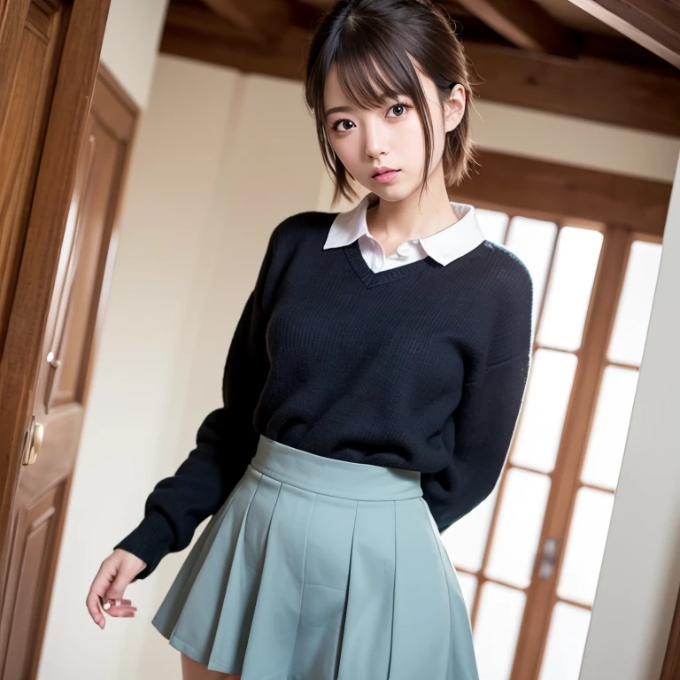 ((Highest quality, 32k)), ((masterpiece)), (Familiar), Perfect Face,  pretty girl, She is sitting on a sofa in a cafe in the city., She is relaxing and drinking tea, She has a bushy tail on her butt, She has a fluffy tail, Beautiful hip line, Small breasts, She is wearing a neat blouse and pleated skirt., A bushy tail is visible from under her skirt,, Slender body,  Her tail sticks out from under her skirt, (A single raccoon tail protrudes from the inside of her skirt.:1.4), The base of her tail is hidden under her skirt., She is gently stroking her tail