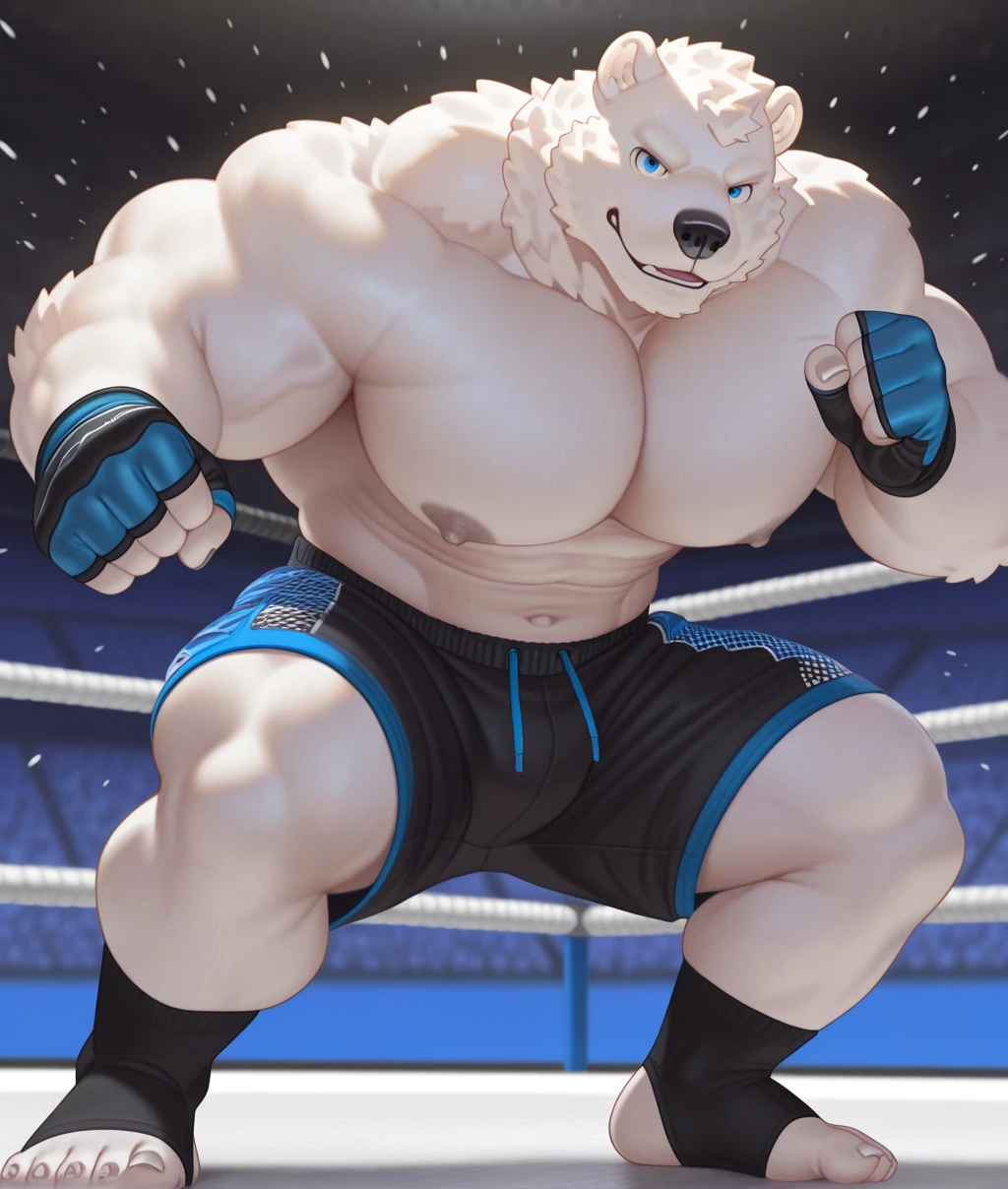 Fluffy Polar Bear、Jumping pose、Very huge muscles、Polar bear looking sideways、Full body polar bear fur、Extremely large bulging crotch underwear、Male genitalia outline、Lots of pubic hair、Very long armpit hair、Thick chest hair、Composition looking up from diagonally below、Roaring Polar Bear、Concrete Background、Pose with both hands raised up、Long body、very short legs、Sharp claws on the toes、Hairless head、Full body polar bear fur皮、Howling pose、Upward facing face、Very long and profuse armpit hair、Polar bear tail