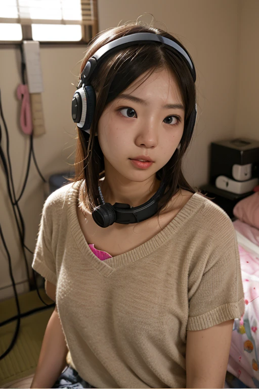 1girl in、masterpiece、top-quality、realisitic、sixteen years old、a closeup、(headset on head:1.3)、Gaming Chair、Pink tank top、Have a controller、I'm passionate about games、(I'm screaming:1.3)、extremely detailed、White Room、Cinematic lighting