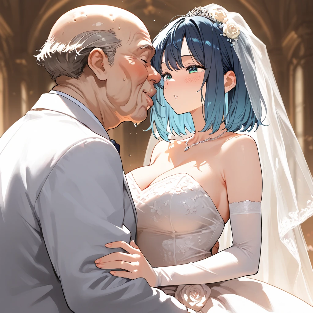 Girl with huge breasts wearing a micro bikini and a wedding dress with a veil and bouquet at the altar with her grandfather