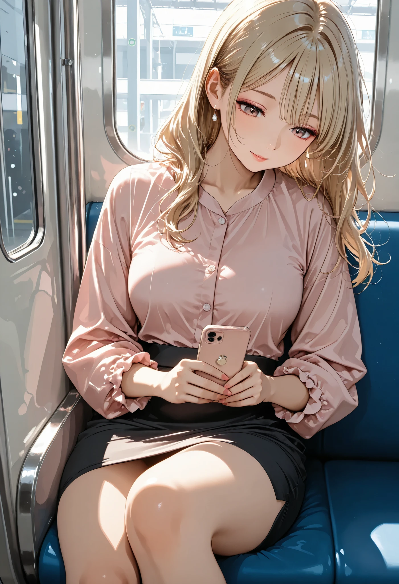 Far view, long hair ,from front,blonde Hair, office lady, pink shirt, clear makeup , sitting seat,looking down mobile phone, in the subway,night
