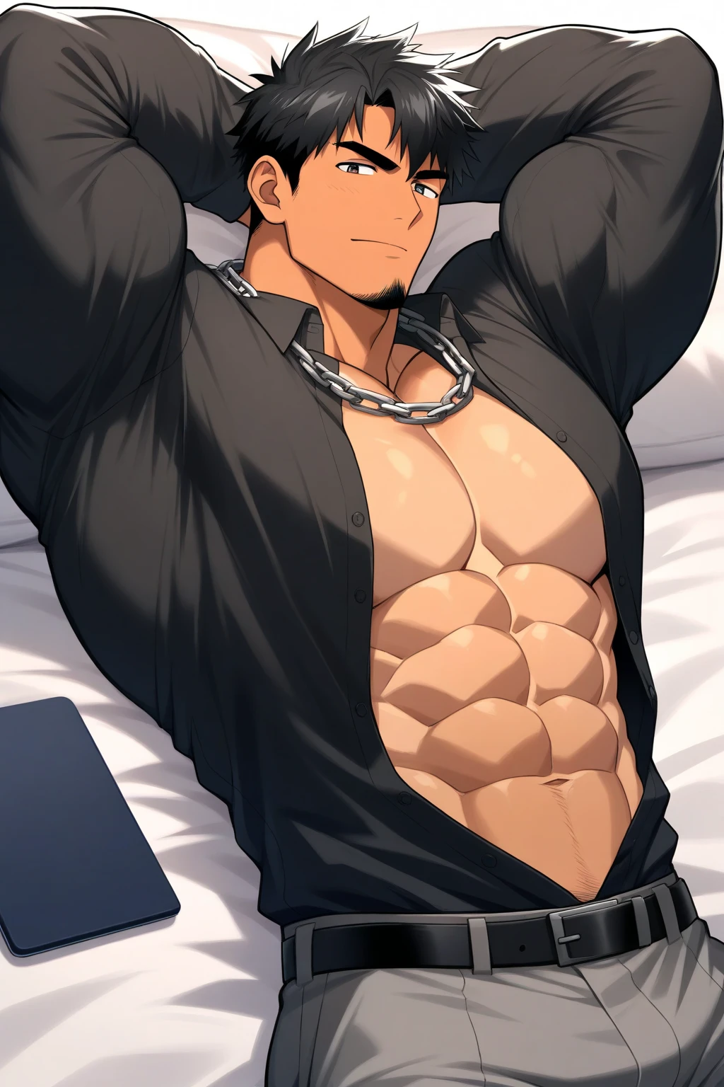 score_9, score_8_up, score_7_up, Expressiveh, masterpiece, extremely detailed, highres, detailed beautiful face and eyes, best quality, best aesthetics, absurdres, perfect anatomy, perfect proportions, high resolution, good colors, bright skin, good shading, countershading, well detailed background, handsome man, male focus, red eyes, scar on his eyes, short hair, beard, full body, angry face, veins muscular, sweaty skin, sweat on skin, full body, body hair, topless, nipples, shaded, sexy, tan skin, attractive, lay down, ((top view)), Muscular, black combat boots, looking at viewer, show his armpits, on the big bed.