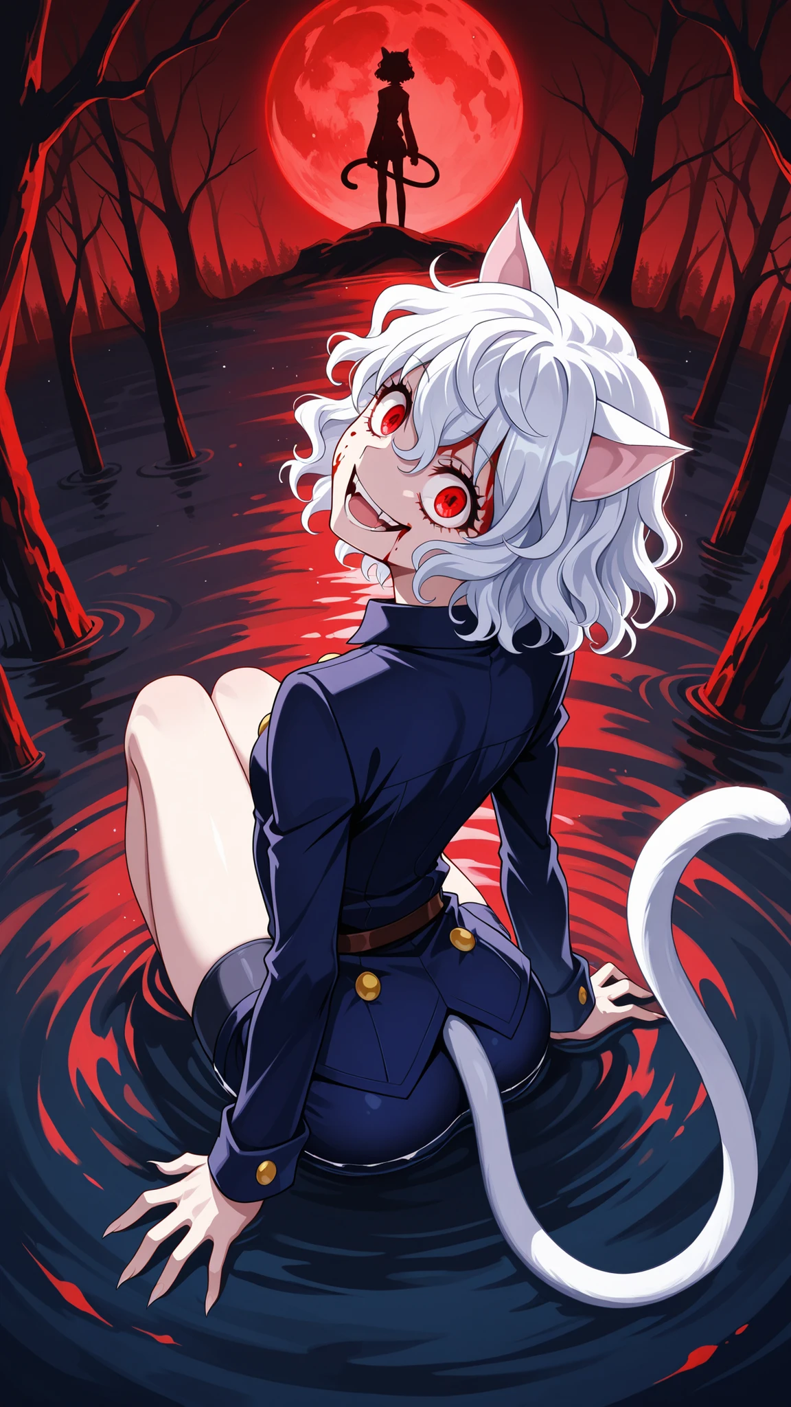 BREAK (masterpiece:1.2), best quality, high resolution, unity 8k wallpaper, (illustration:0.8), (beautiful detailed eyes:1.6),Ancient twisted forest bathed in crimson moonlight, towering black oaks with branches, blood-red moon in the sky, casting long shadows that twitch independently, mist rising from the ground like spectral breath, 4K ultra-detailed, cinematic horror atmosphere neferpitou, short hair, red eyes, animal ears, tail, white hair, cat ears, cat tail, curly hair,long sleeves, shorts,blood on face,crazy smile,sitting in water,sitting on knees,from above,arched back,from behind,looking back at viewer,