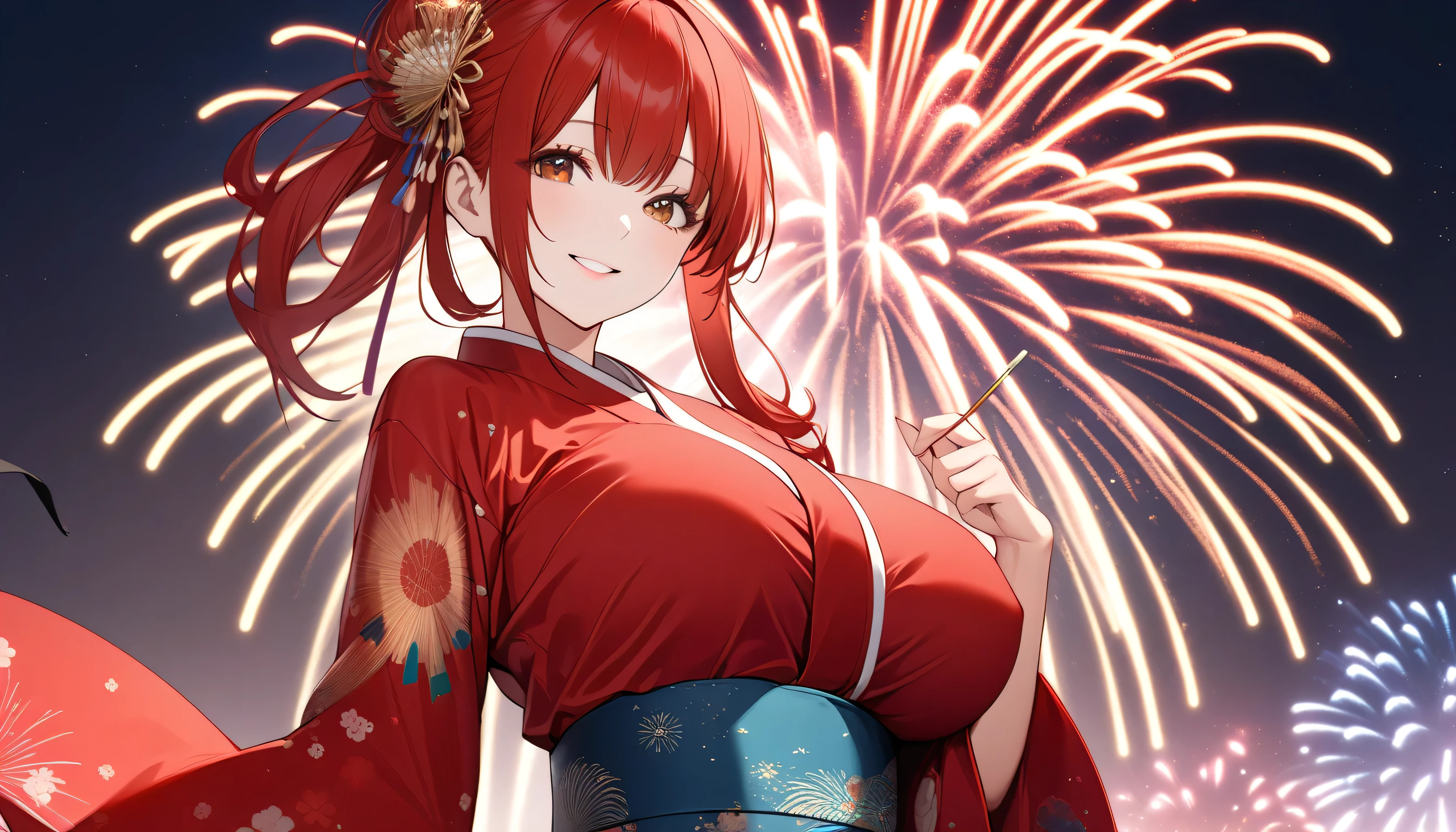 "anime girl, 1 person, red hair, shoulder length hair, dark red eyes, wearing flower hairpin, female kimono, red kimono with gold border pattern, big breasts, long stockings, blushing smile, standing still cross-legged, solo, view from different angles, festival, New Year's Eve fireworks, fireworks viewing, night (full HD 4K+ image)"