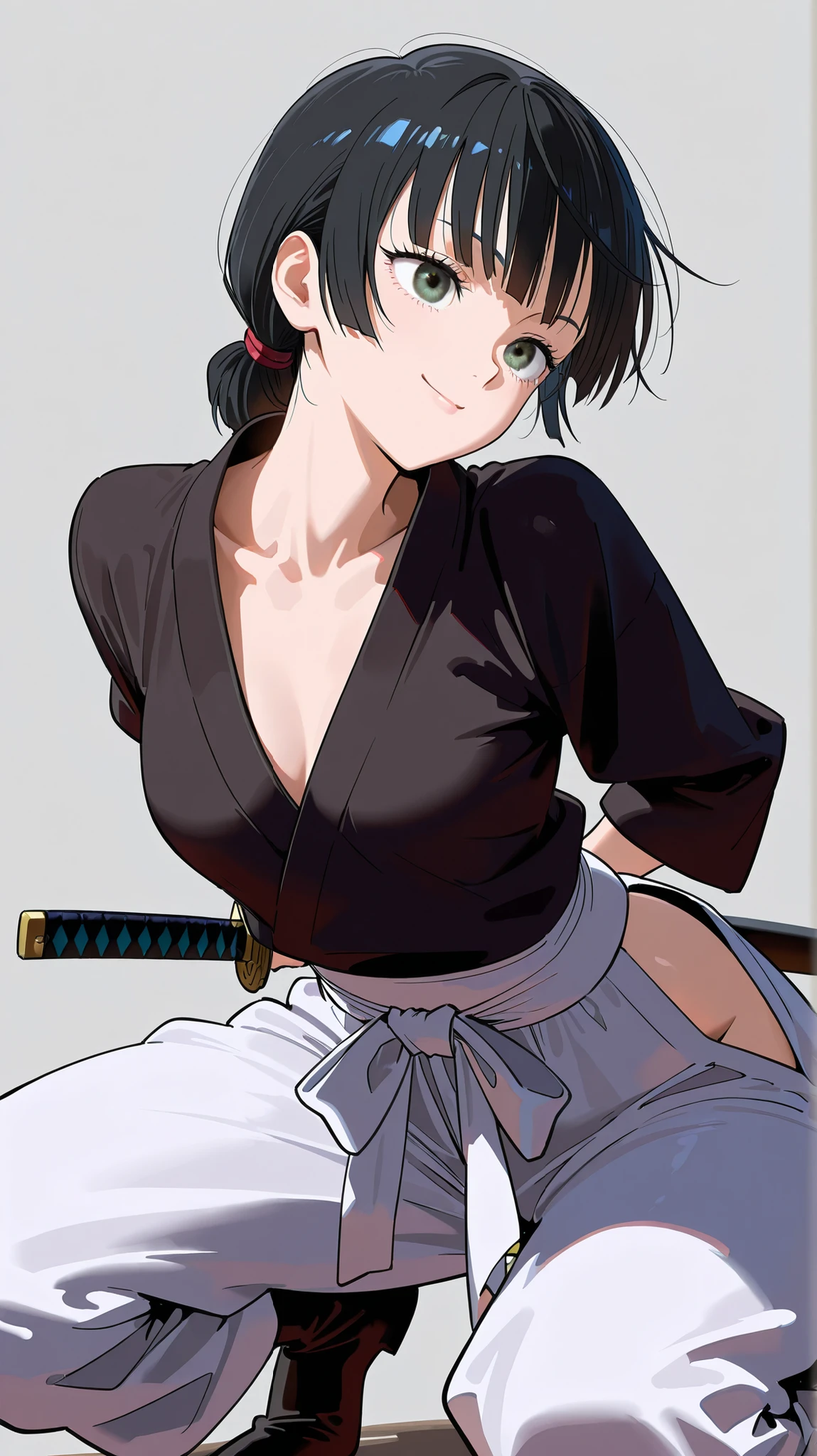 tmasterpiece, Best quality at best, 1girll,(waistup:1.5) ,sasuke, Large breasts,(upperbody closeup),Raised sexy,is shy,ssmile,Black hair, (Black eyeballs:1.4), exteriors