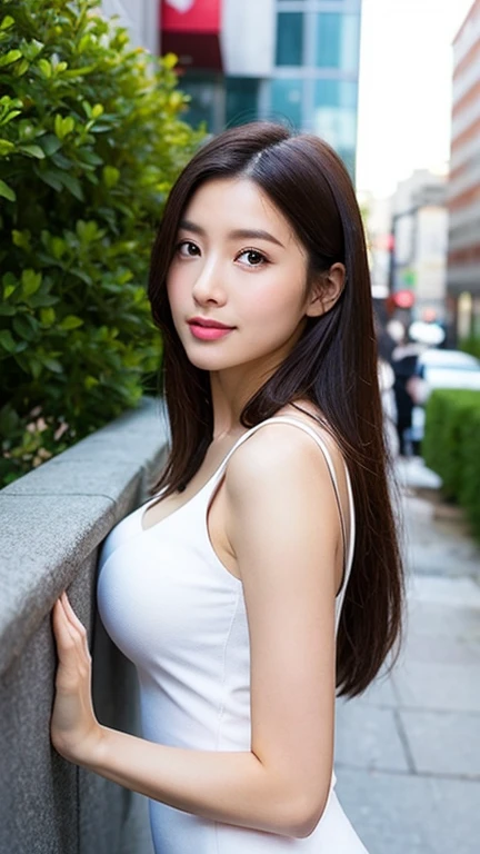 1girl, (wearing sexy whitet tshirt and blues short),((walking on road cross bridge stairs)),(stairs),(staircase),(big breasts),(big boobs), (cleavage),((characters play)),(( long black hair)), (perfect face),(perfect fingers),(perfect blue eyes),(red lips),(perfect body),masterpiece,realistic,highly detailed, high resolution, 8k, (closeup camera view),looking to camera, smiling,([seductive poses])