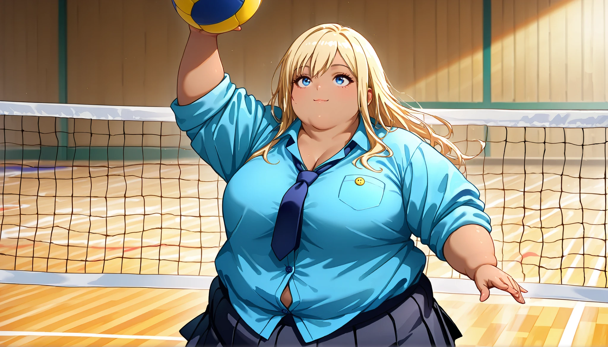 <lora:volleyball-spike-ponyxl-lora-nochekaiser:1> volleyball spike, ball, jumping, volleyball (object), volleyball, volleyball net, arm up, looking up, HDR, 8K, high contrast, masterpiece, best quality, amazing quality, very aesthetic, high resolution, ultra-detailed, absurdres, realistic, newest, scenery, score_9, score_8_up, score_7_up, young plump schoolgirl playing volleyball in a school gym, ((school uniform)), cute, light smile, blond hair, long hair, dark skin, ((chubby)), plump, ((fat)), ((round face)), (((double chin))), (((blue button down shirt))), ((collarbone)), (((tie))), ((rolled sleeves)), chest pockets, short dark skirt, volleyball, gym, detailed, realistic, (dickerchen), ((anime character)), (gyaru),