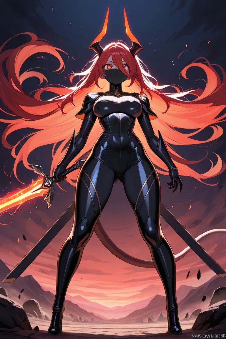 (full body photo, standing, feet on the ground), Sara has large breasts, (black with golden parts/ninja costume/mini capus on the head/extremely tight on the body/ninja mask on the face, ninja emblem on the breast), tattoos on the body, blood on the clothing, ninja weapons, closed fists, in battle position, is in a macabre temple at night raining hard with clouds in the sky and thunder, her hair and clothes are soaked, she has ((long red hair, blue eyes)), ninja weapons, anime, reflection light, 16k, best quality, high details, anatomically correct, UHD, masterpiece, ccurate