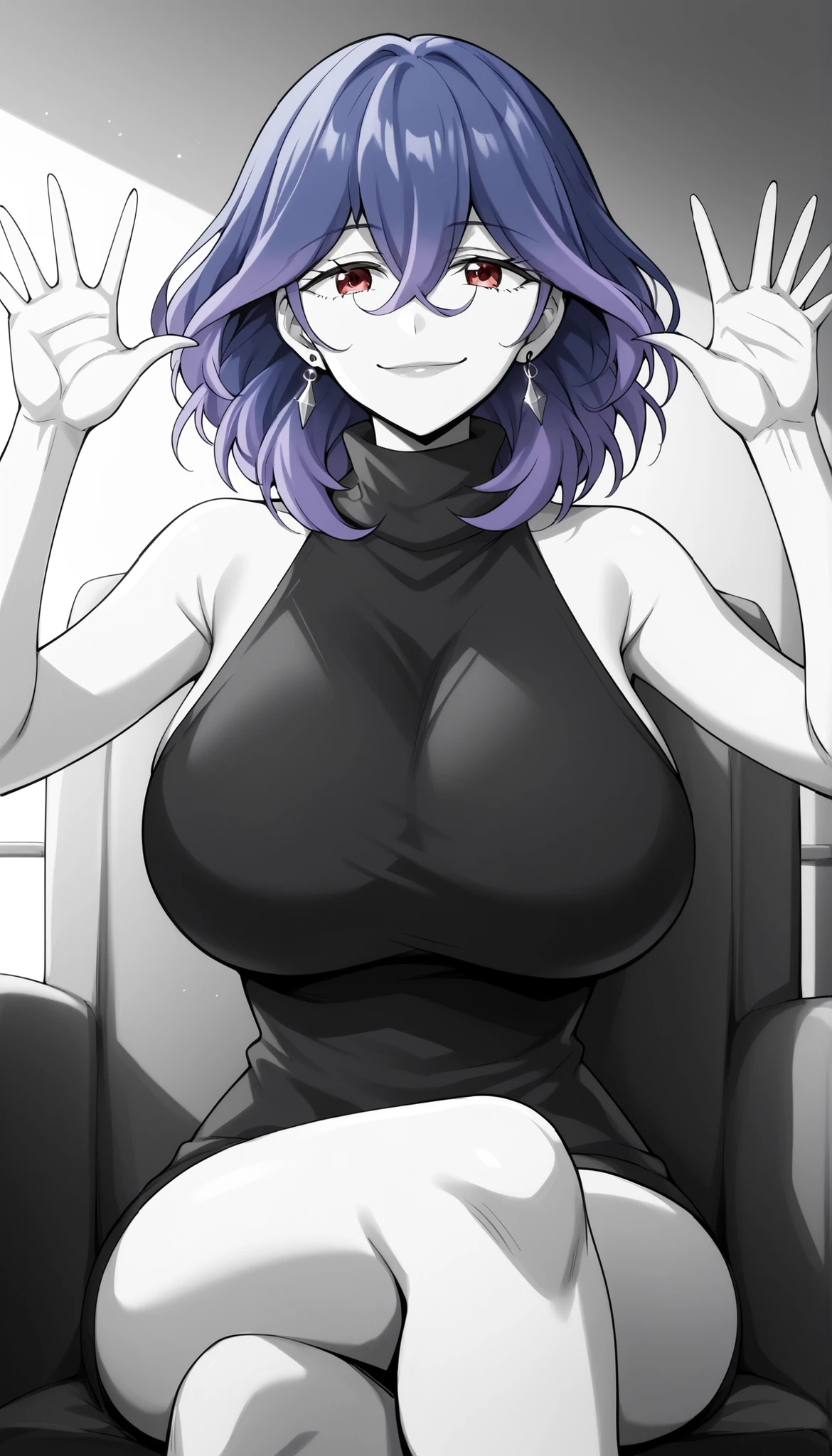 score_9, score_8_up, score_7_up, score_6_up, score_5_up, score_4_up
vermeil, vermeil, red eyes, hair between eyes, blue hair, purple hair, multicolored hair, medium hair,
sweater, bare shoulders, sleeveless, turtleneck, black sweater, thighs,
indoors, bent , smile,
looking at viewer, 1girl solo, ,,,,,,, earrings big breasts huge breasts , locking at viewer , shiroshisu style ,,,,,   absolute_cinema, looking at viewer, parody, emotionless, closed mouth, sitting, crossed legs, english text, upper body, hands up, monochrome, greyscale, absolutecinema ,  absolutecinema, english text, hands up, upper body, monochrome, crossed legs , text (#absolute cinema Verameil#) text