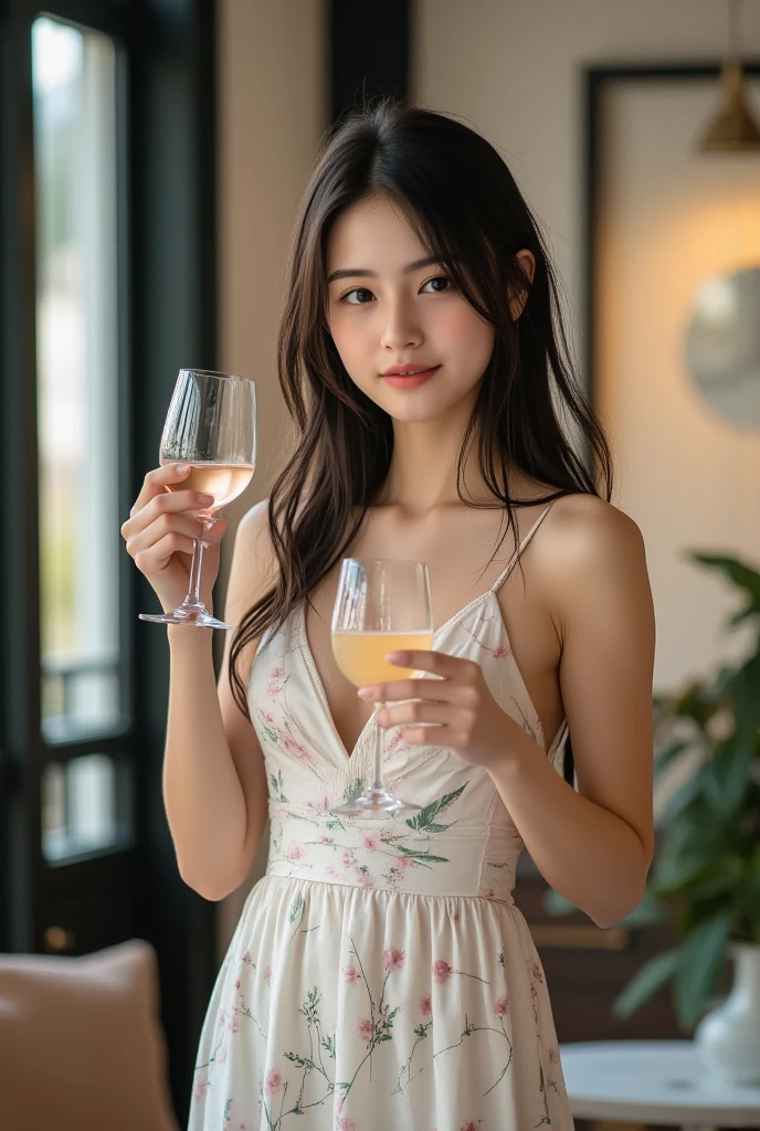 4K Ultra Resolution、Beauty、One Woman、Dark Brown Hair:1.1、Highly detailed face、Lips detail、important、(Eyes meet)、double eyelid、Princess Eyes、Beautiful Japanese Women、Beautiful Japanese Women、Sensual lips、Bewitching body、Bust size 82、Standing in an exciting pose facing forward with natural body balance、20th Generation、(21 years old)、far and near method、 A meticulous Japanese woman、Dress、Wearing a delicate, erotic and stylish red one-piece dress、Hair blowing in the wind、Important(The detailed numbers and shapes of hands)、I can see your chest、Crisp images、The delicate sparkle of the eyes、Outside, people are drinking tea on a small Western-style terrace.、Sit facing forward on a stylish chair、Beautiful breasts with detailed details、color々Hair style、Smiling with a nice smile、