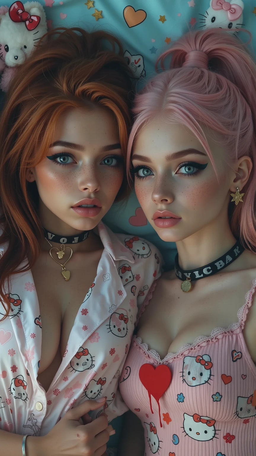 A realistic rendering of an Anne Anderson style illustration of a very close, ultra close shot on the breasts of two girls, 2  pert, nubile, thin,  freckled,  teen    girls, one with 50s style, very short, ultra short,  strawberry blonde  hair, one with 50s style, very short, ultra short,  blue  hair, Iridescent bows in hair, topless, tiny breasts, bare breasts, exposed breasts, small breasts, little breasts, exposed crotch ,pink nipples         , puffy nipples         , exposed     nipples     , slight smile,  head resting against breasts, open mouth, wearing pastel colored body harnesses, with wide lace straps,       uniforms,  iridescent sparkles on chest, iridescent glitter on breasts,   white cuffs, white collar, hip straps, iridescent sparkles on breasts, reclining  on a bed in a pink, 1950s  teen girl's bedroom, ultra close shot on breasts 