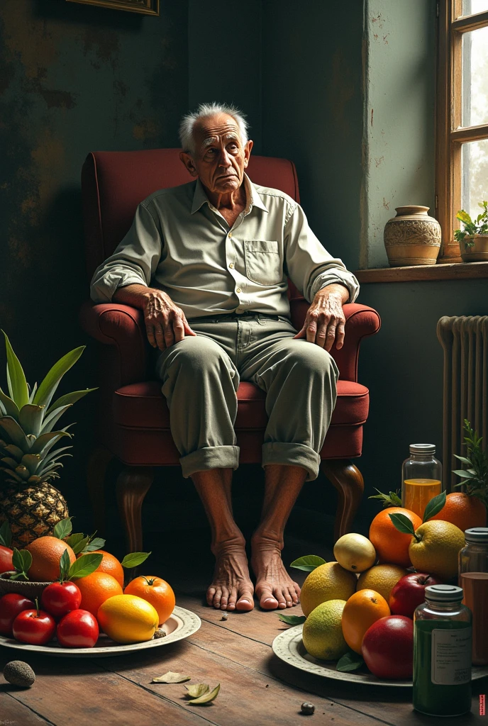 A thin, sick elderly man lying in a brown hammock with a horizontal frizer behind him on a colonial porch with a cement floor and a coconut tree just in front