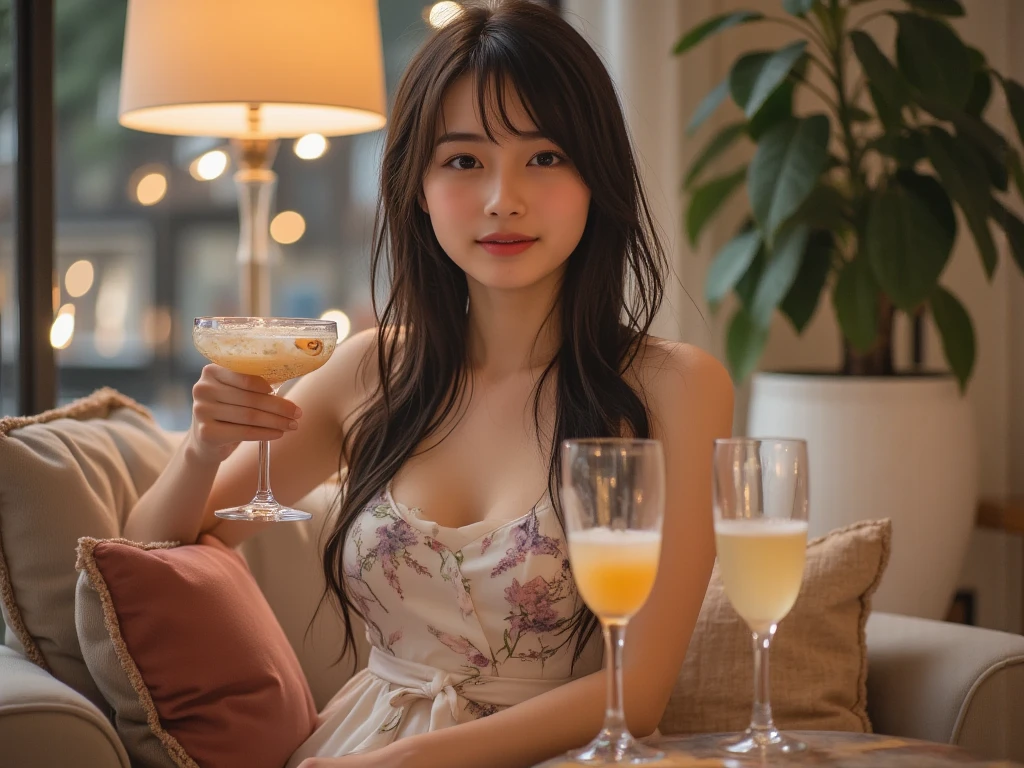 Very cute 20 year old Japanese woman, corners of mouth turned up, gentle smile, muffin top, detailed face, detailed body with nice curves, drinking wine in the living room. Late night, movie photography, Leica 50 mm prime lens, Cine Steel 800T film, art color photography