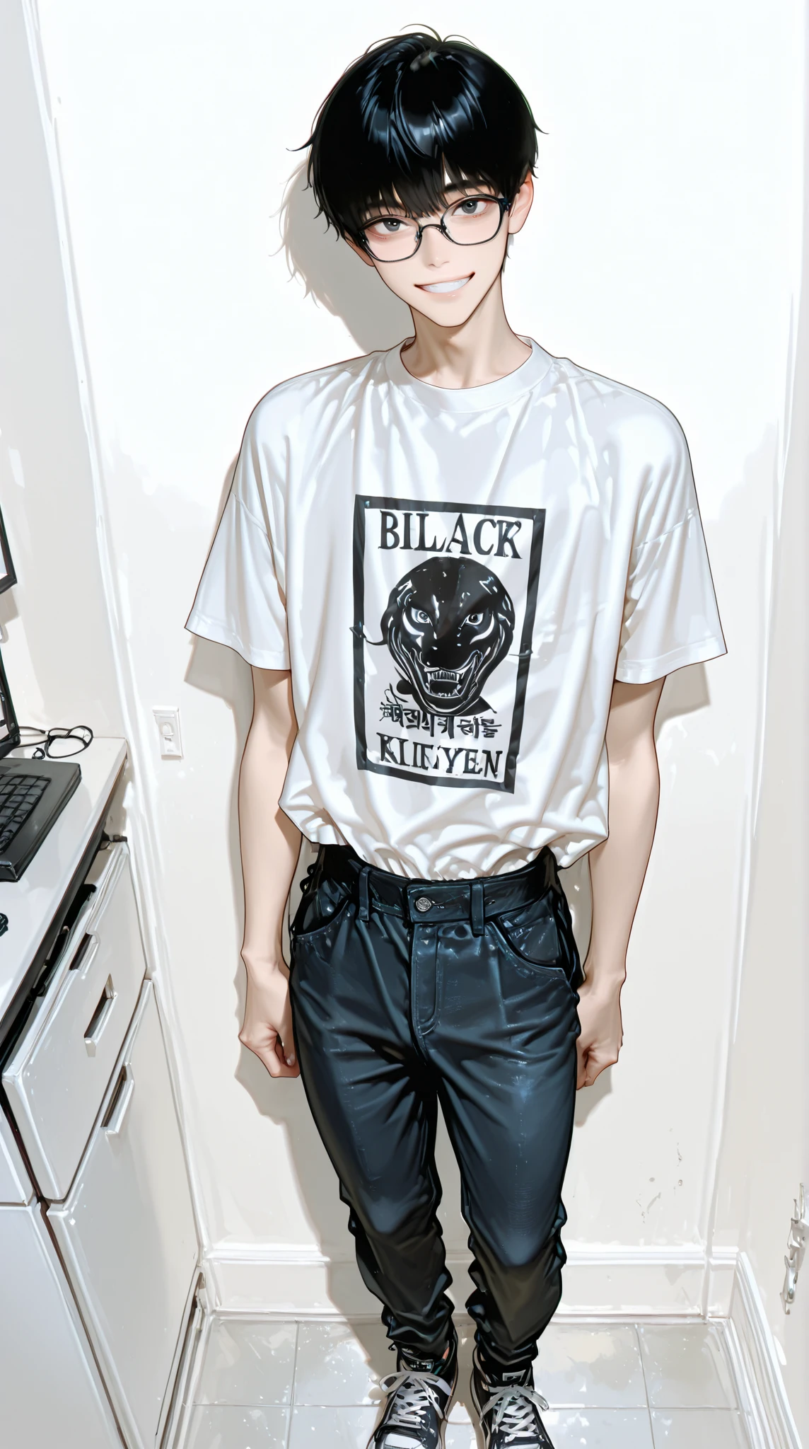 Create a male character with black hair, blue eyes and wearing a black t-shirt 
