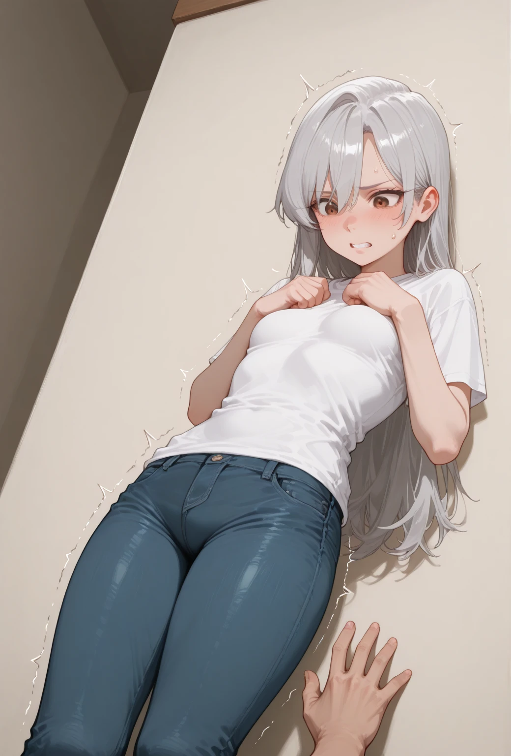 1girl, cute girl, anime, silver hair, blue eyes, feel shy, indoor, ((high quality)), small bust, cute, (young:1.3), stand, white tank top, bust, jeans, (nipple:0.95), cowboy shot, white pantie, crawl on all fours