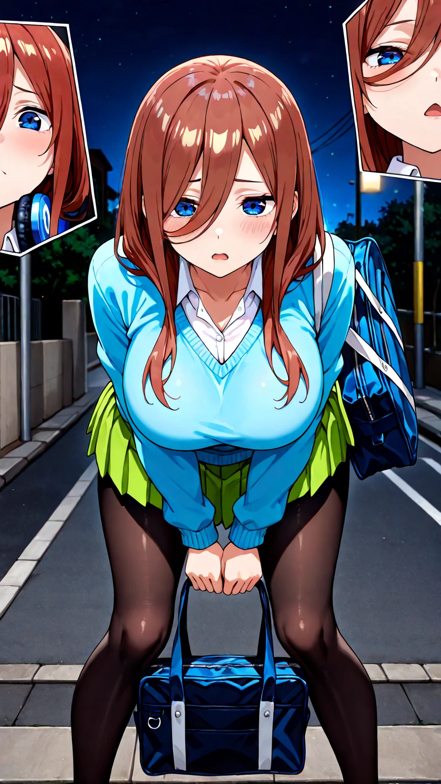 1 girl,alone, Miku Nakano, long hair, brown hair, blue eyes, blue headphones , Headphones around the neck, blue sweater, Black Bag, carrying a bag over his right shoulder, green skirt,raised skirt,Panty shot, black underwear, black thong, big breasts, midwest, wide thighs, Firm round ass