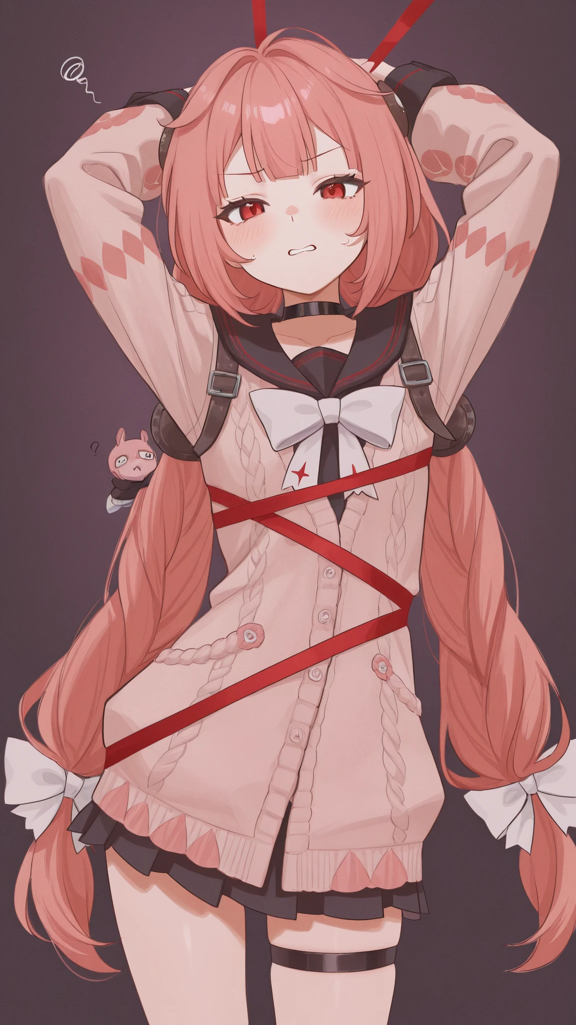 Ukinami Yuzuha,Mesgaki,cute,girl,Standing up ,Long pigtails ,Hands tied with ribbons,puzzled expression
