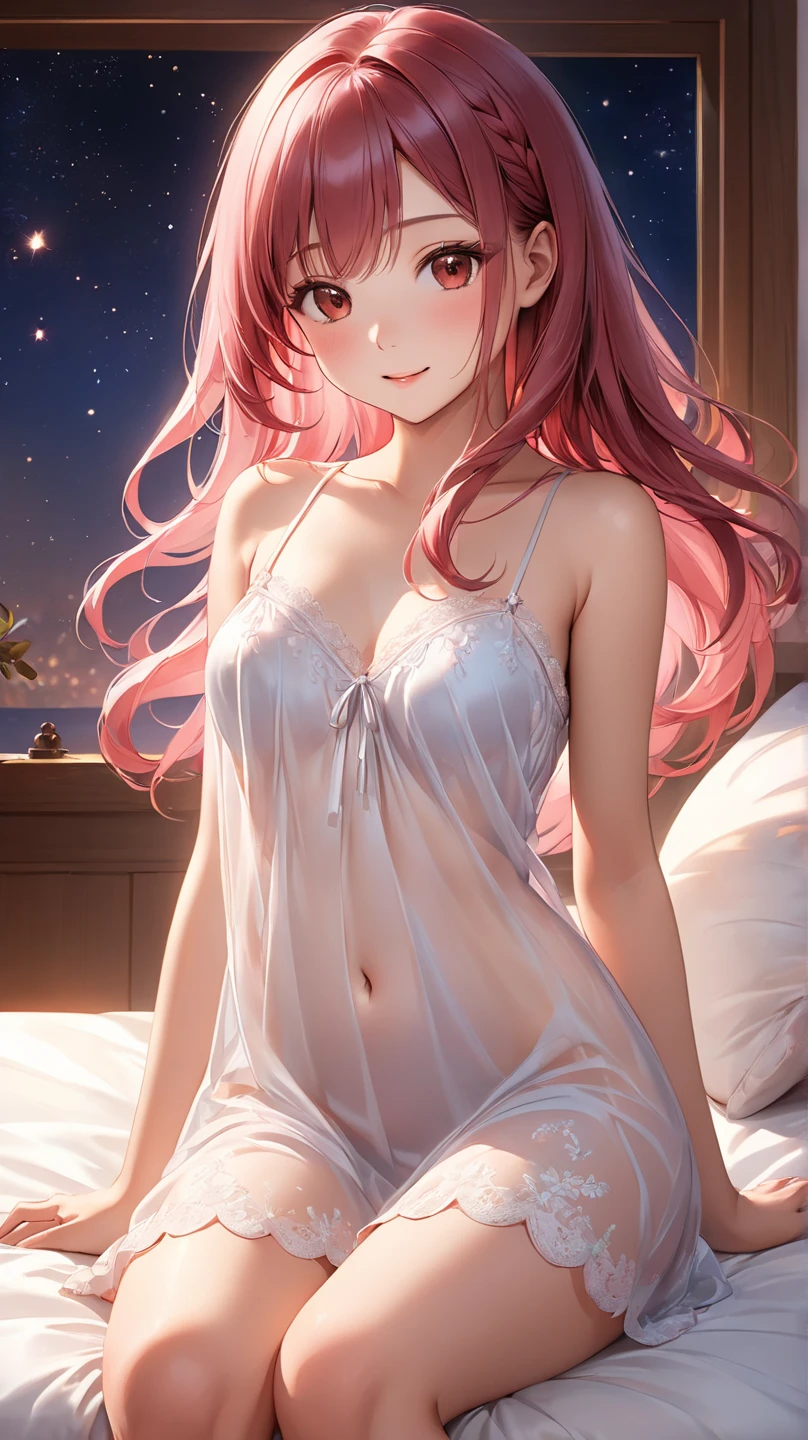 Real, 1girl, solo, hair over one eye, parted lips, blush, makeup, light smile, pajamas, glow, thighs, red eyes, collarbone, narrow waist, sitting, kneeling, on all fours, bedroom, window, moon, side, (masterpiece), television, wallpaper, moonlight, underwear,, bed, full body