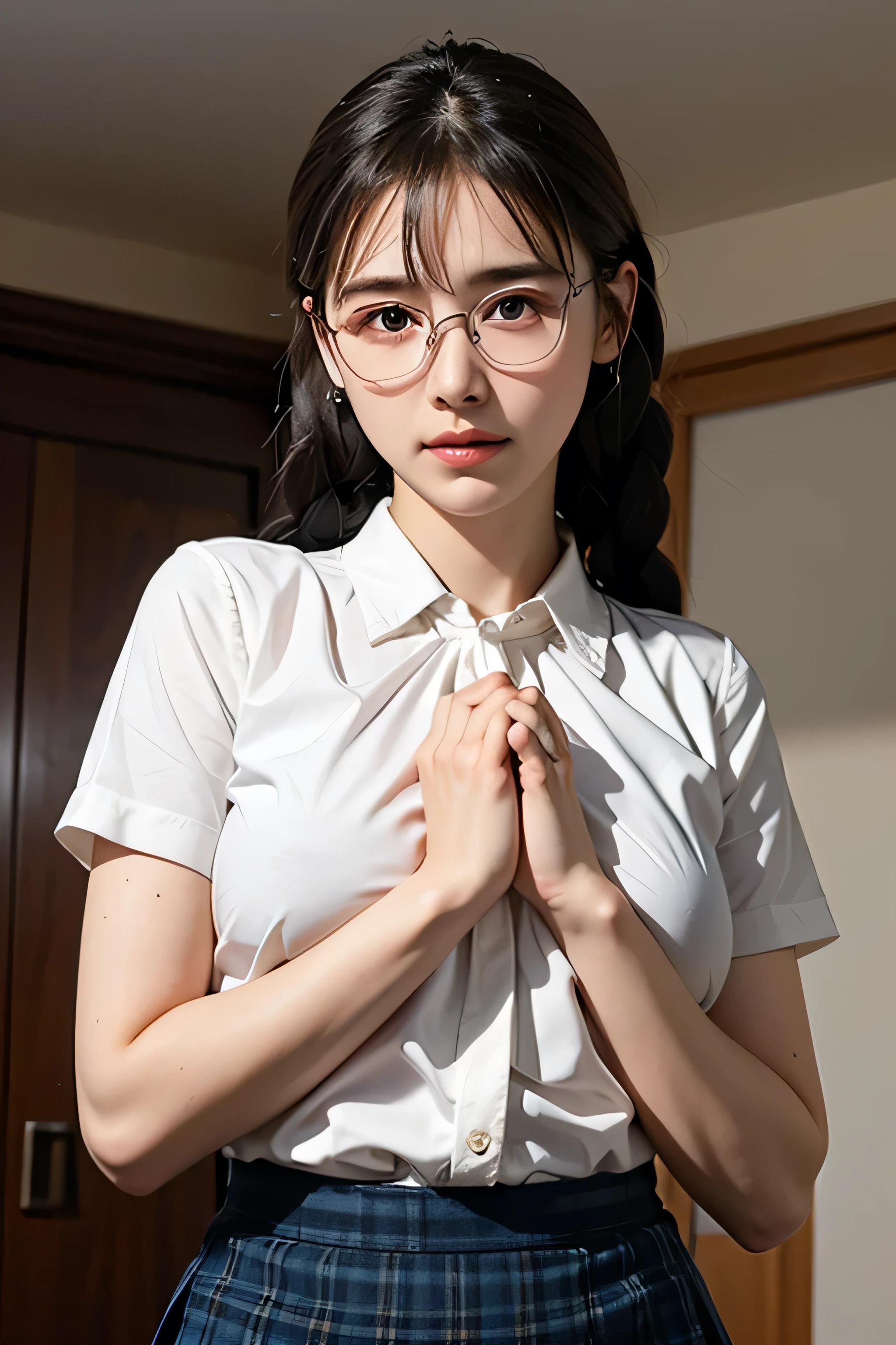 top quality, stay focused, Rembrandt's Light/Dark Method, super high resolution, (photorealistic:1.4), RAW photo, ((Female Student Seduces Teacher)),Holding glasses with both hands、
1 Japanese girl, solos, braids, Babyface, cute, (pupil, 輝くpupil), Red cheeks, has a beautiful face with great attention to detail , (white blouse, necktie, check pleated skirt),(pheromones leaking in large quantineckties), anime girl, Sexy pose, nice body curves, Show off your body , lean back, view from below, in a sexy pose, simple dark room.
(long hair), (Detailed stills), photo of your upper body、