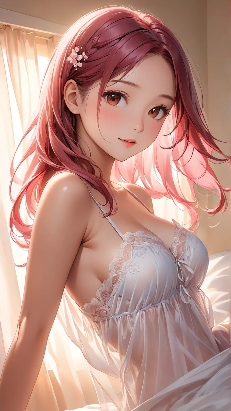 masterpiece,Ultra-high resolution、Highest quality、Hotel Rooms、Sexy pose、healthy、Small breasts、the body is slim、Tight waist、Thin thighs、A pale pink lace dress：1.5、A wet pink sheer dress covers a plain navy bra and panty.、Delicate pink hair、ponytail:1.2, eyeliner、Eyes glowing pink, Shyness、Glossy Lips、Big earrings、Tilt your head、Model walking