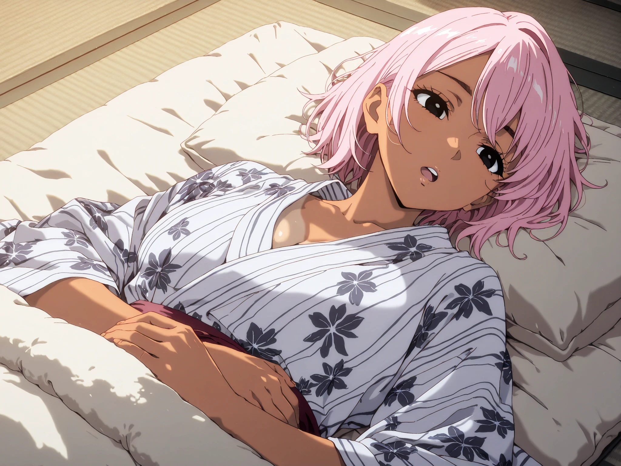 1 girl,solo,adult,beautiful girl,black eyes,tanned skin,pink hair,short hair,masterpiece,general,highres, ultra-detailed,very aesthetic,best quality ,best hands,best eyes,perfect anatomy,anime coloring,newest,easynegative,tatami,yukata,futon,fun, comfortable, relaxing,open mouth,