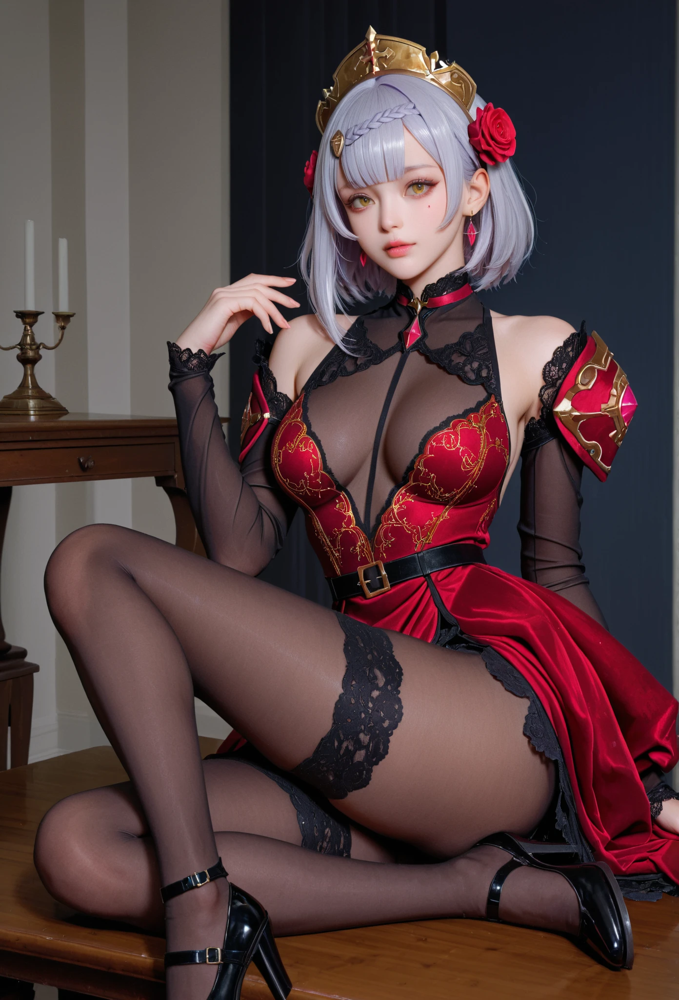 1girl in, ((Shiny skin)), (Silver hair), ((Open thighs)), (), ((cum on chest)), Body climax, NSFW, ((Black Lolita)), neons, Look at viewers, face to viewer,((Short hair)), (Curly hair),(( close-up)),(high-heels), Large breasts,(Highly detailed CG 8k wallpaper)、(extremely delicate and beautiful)、(​masterpiece)、(top-quality:1.0)、(超A high resolution:1.0)、beautiful  lighting、Hard nipples、mekosji、perfect lightning bolt、Pulling skirt、realistic shadow、[Hi-Res]、Detailed skin、ultra-detailliert、Thigh opening、One leg raised、Squat on the floor、Black Sai Hai、Red High Heels、large earring、thighs thighs thighs thighs、 (((colourfull)))、toppless、beauty mark、Angle from below