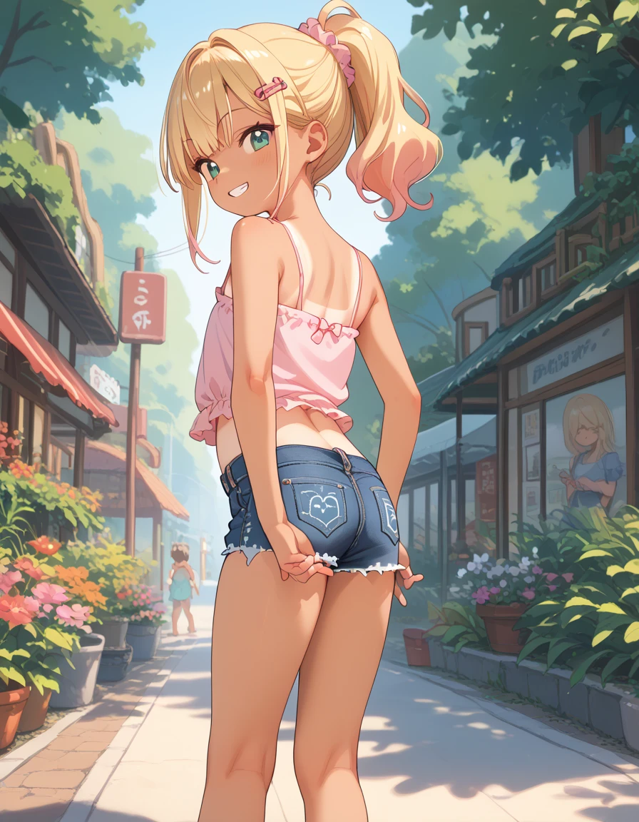 (Best quality, 4k, Masterpiece :1.3), beautiful woman, hyper realistic, 1girl, (droopy breasts, attractive body :1.2), sit-ups :1.1, long straight light yellow hair with bangs :1.1, ultra-detailed face, detailed lips, detailed eyes, double eyelid, short pink bra, open neckline, hanging breasts, side pose, visible curves, in the middle of the street, light blue short jean shorts, muscular turned leg,  Big breasts, blue eyes, pink high heels, open sky with sun, smiling, Japanese, big ass, standing on his back looking back, show more ass, freckle on face, freckle on ass --auto --s2