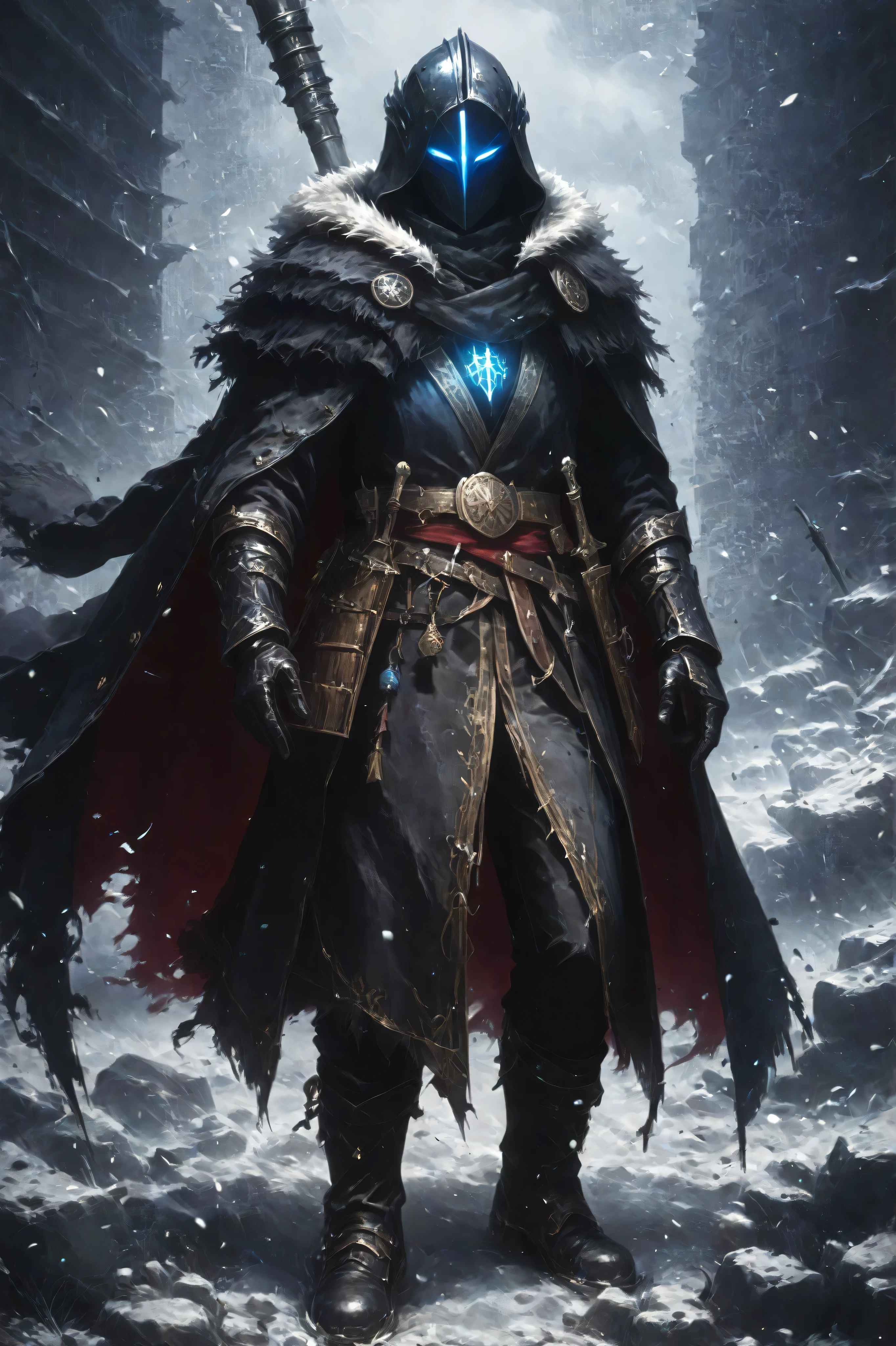 one man ArsMovieStill, Gothic Dark Fantasy movie still,Bl4ckR4ven4rmor, armor, black robe, bracers, boots, red waist curtain, fur shoulder armor, helmet, glowing eyes,Bondrewd, male, black coat, overcoat, ascot, black gloves, helmet, masked, long sleeves, black boots, black pants,Anime art,Midjourney style,chargen_stylised_illustration, Viking Warrior, leather Armor, Viking style, cloak, modern-medieval mix, young man, hooded, mask, cool, slim physique, anime aesthetic, smooth, warrior staff, full face mask, smooth faceless mask, bo staff, dull colors, brown, red and green, hooded, eyeless mask